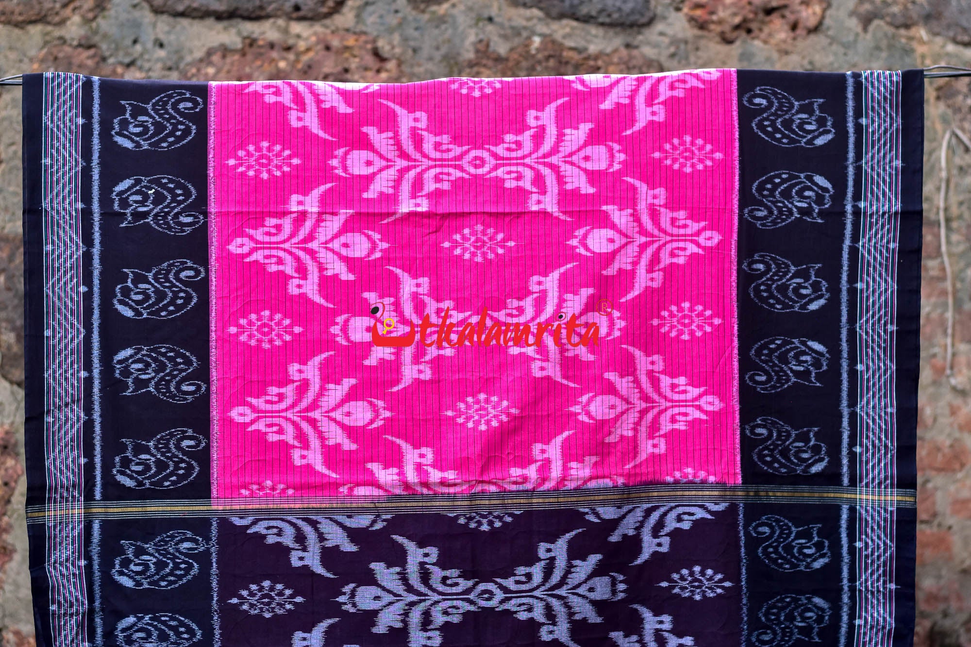 Pink Black Sankha Khandua Cotton Saree