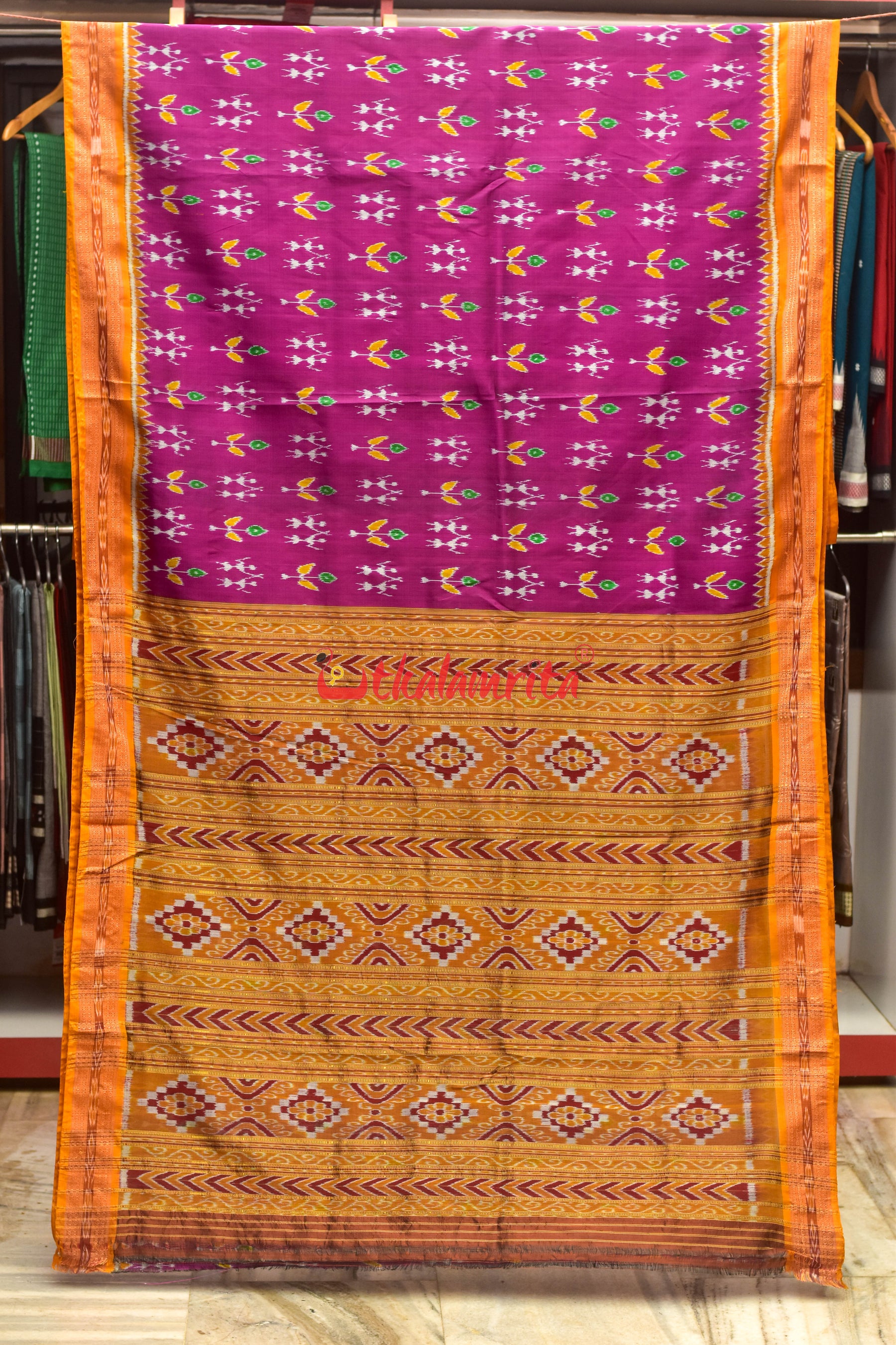 Magenta Patra Tribal Khandua Silk Saree