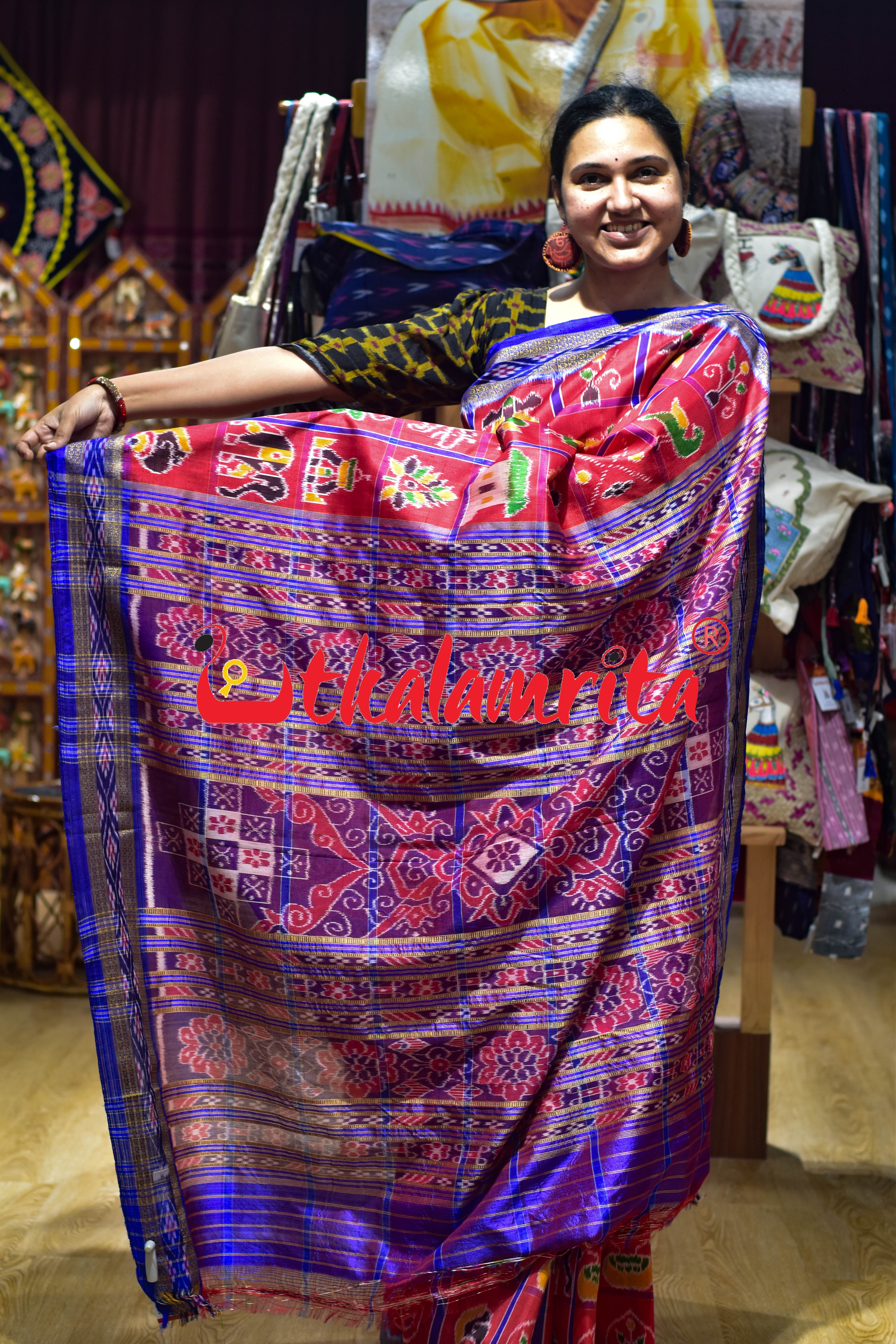 Red with Blue Lines Nabarangi Silk