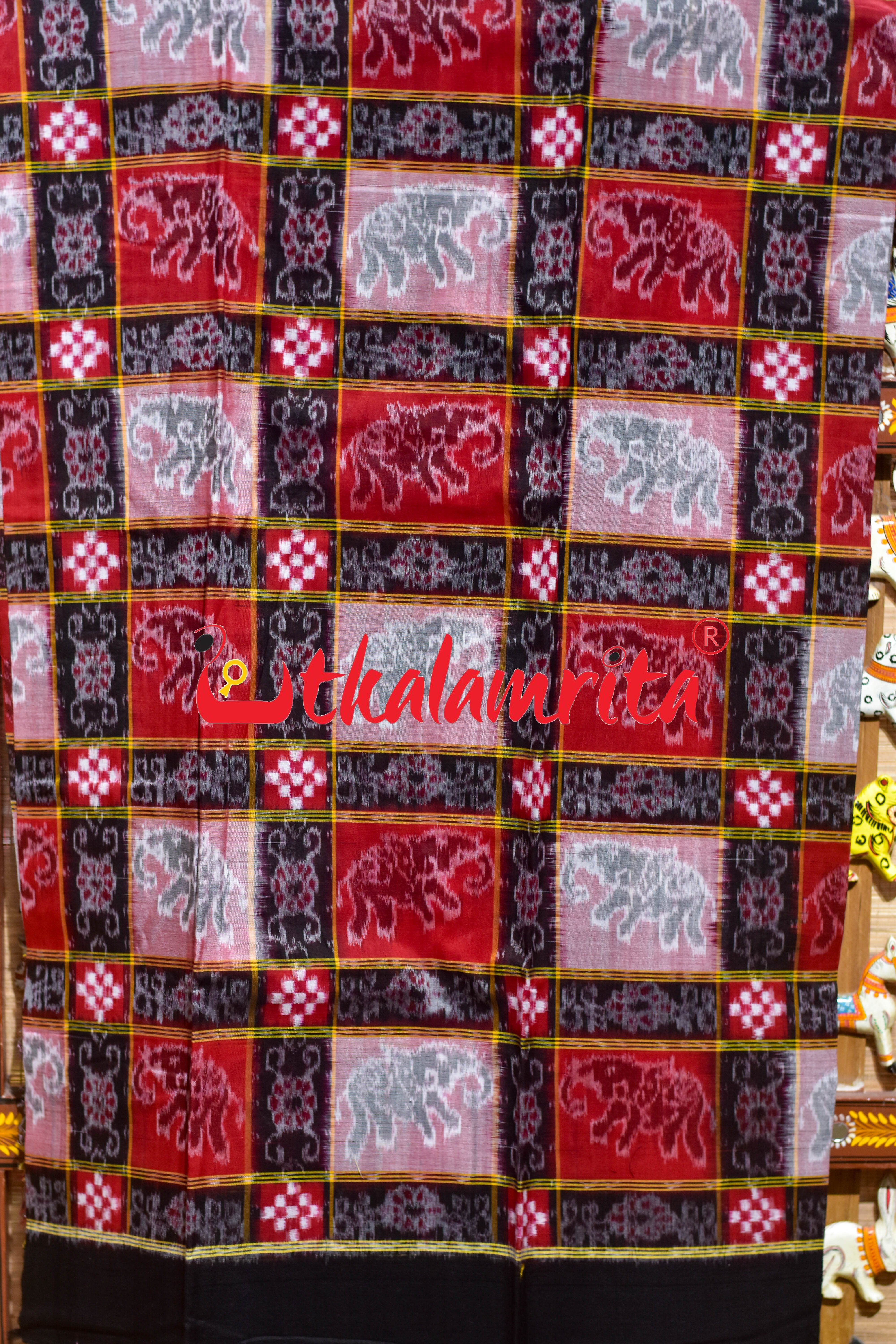 Red Black Kothi Elephants Sambalpuri Cotton Dress Set