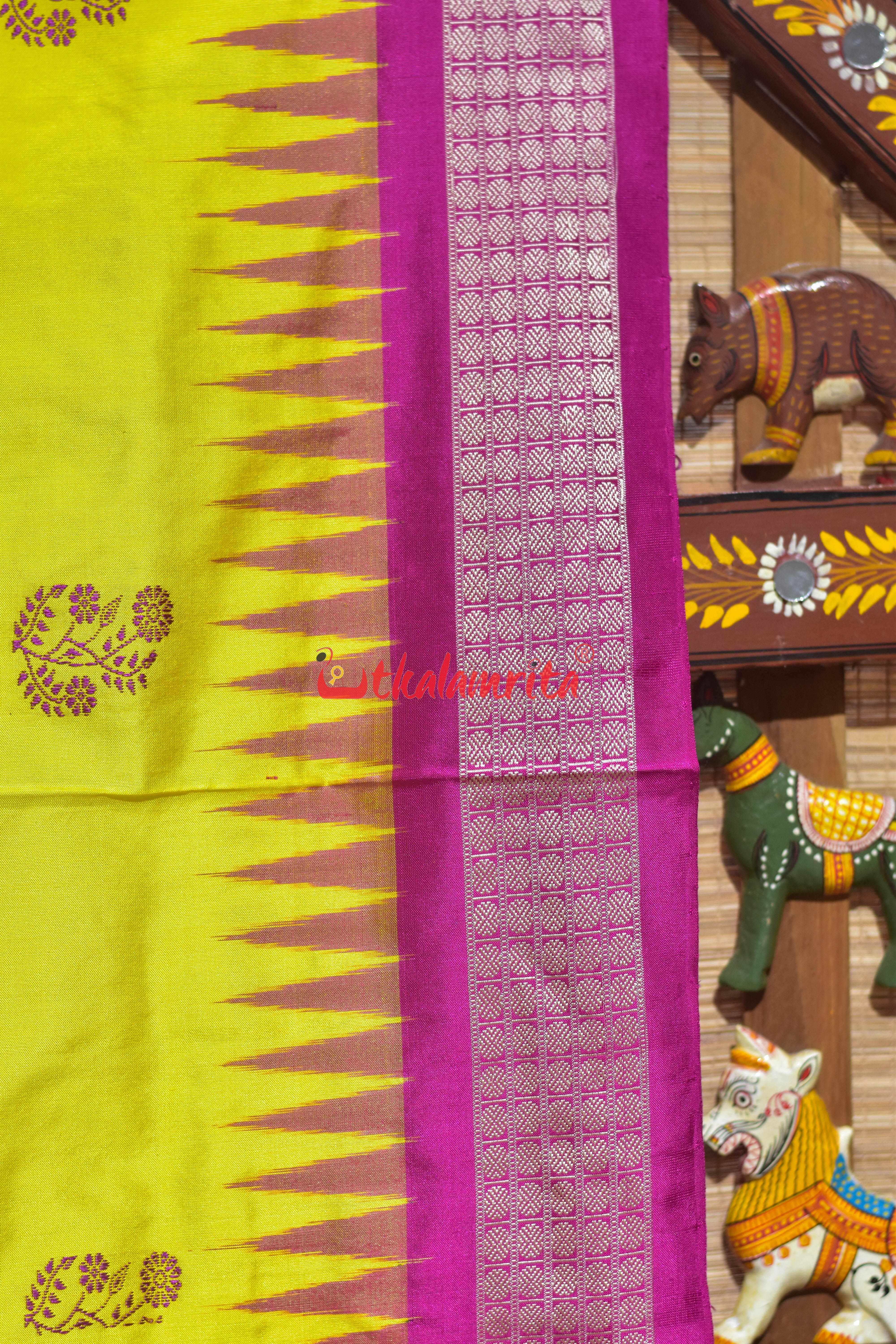 Lemon Yellow Rani Phula Dala Bomkai Silk Saree