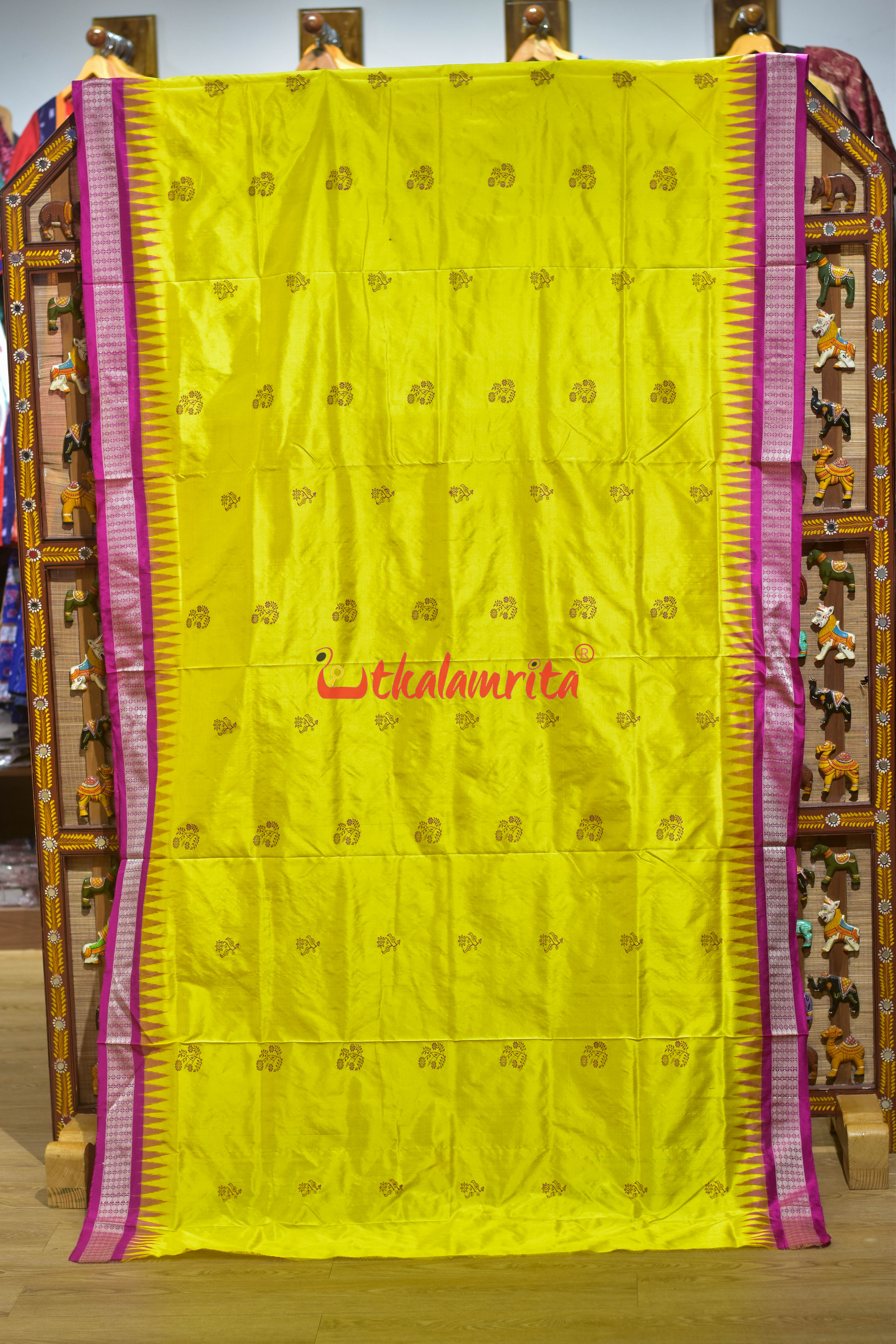 Lemon Yellow Rani Phula Dala Bomkai Silk Saree