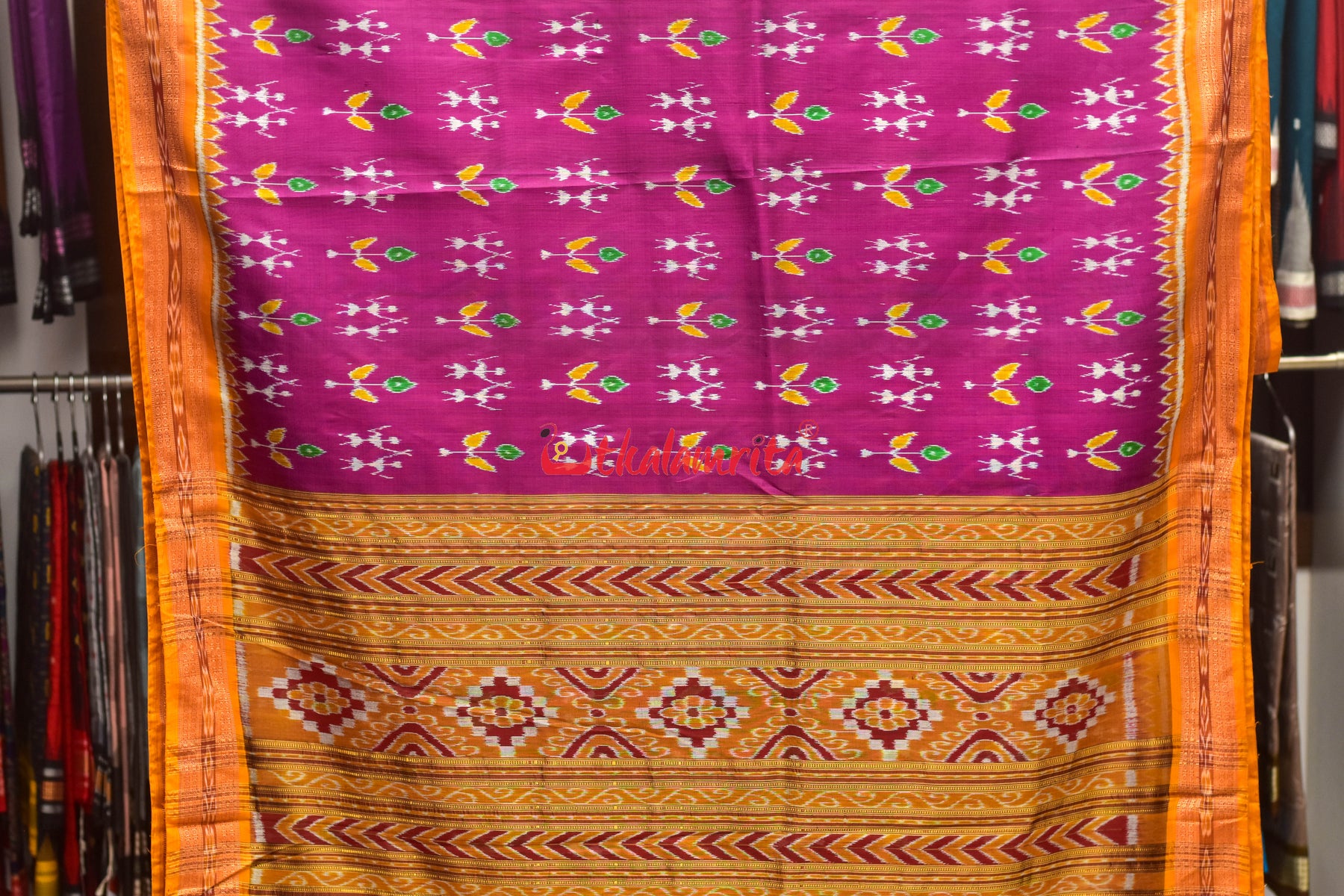 Magenta Patra Tribal Khandua Silk Saree