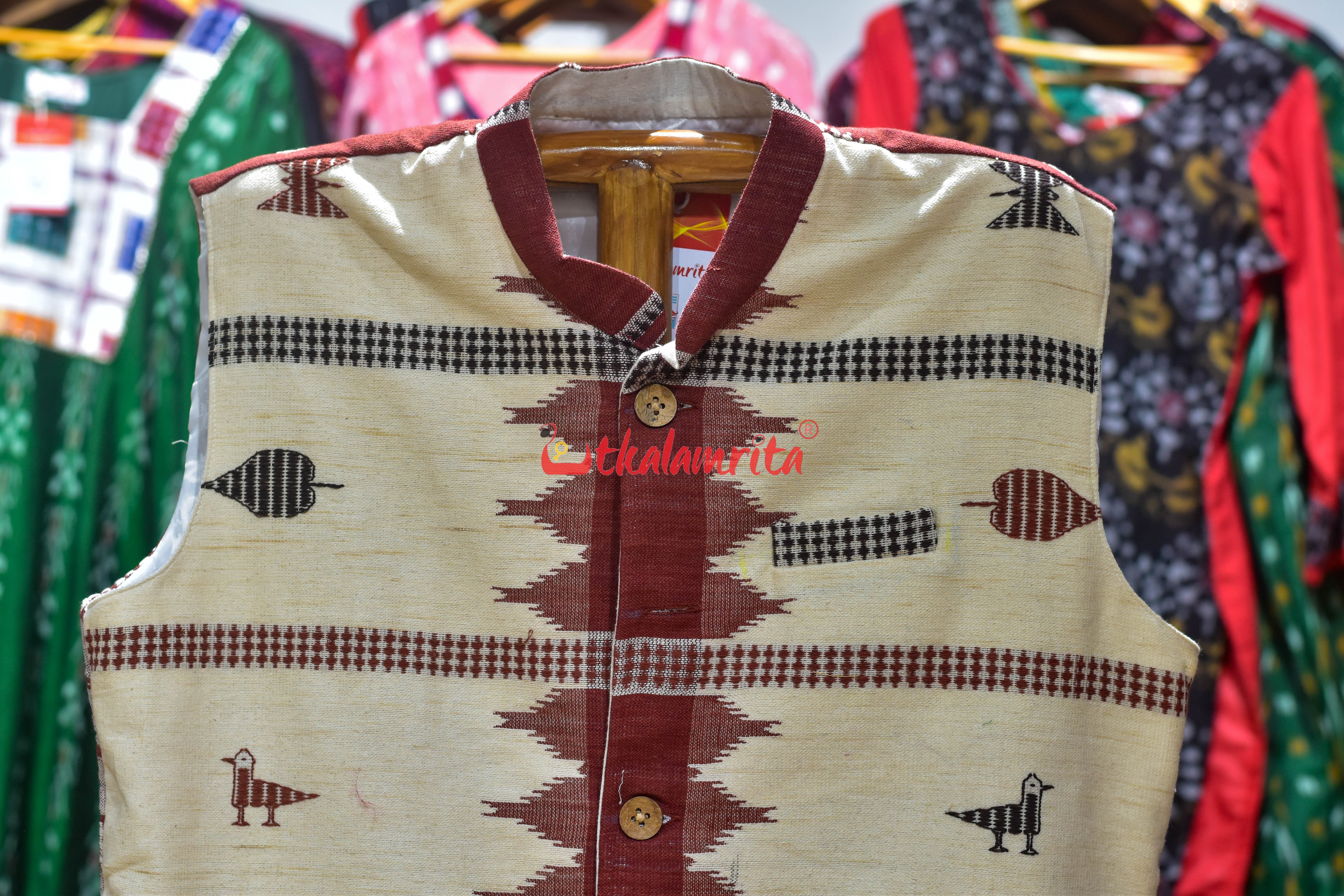 Half Half Off White Maroon Adibasi Kotpad (Modi Jacket)