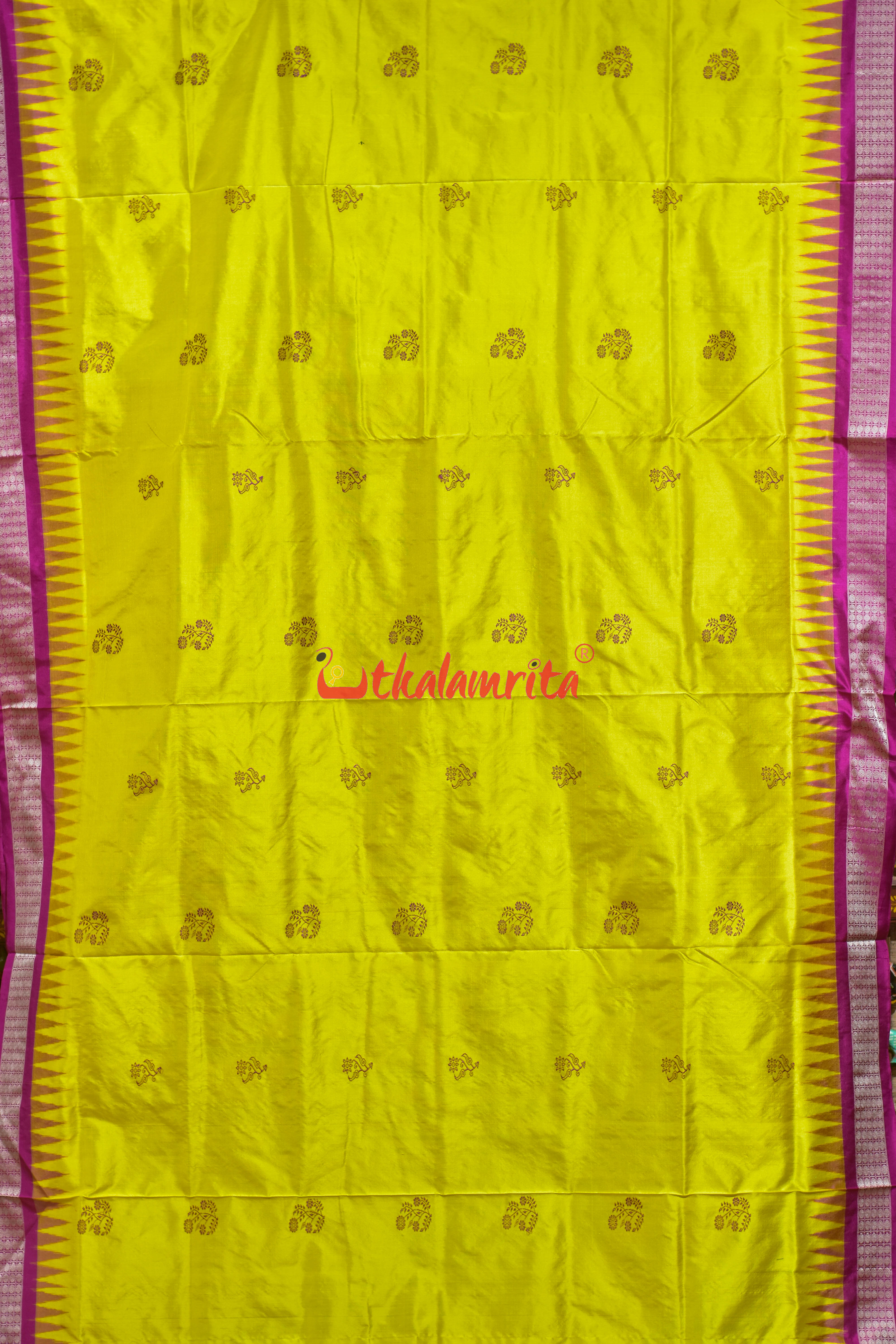 Lemon Yellow Rani Phula Dala Bomkai Silk Saree