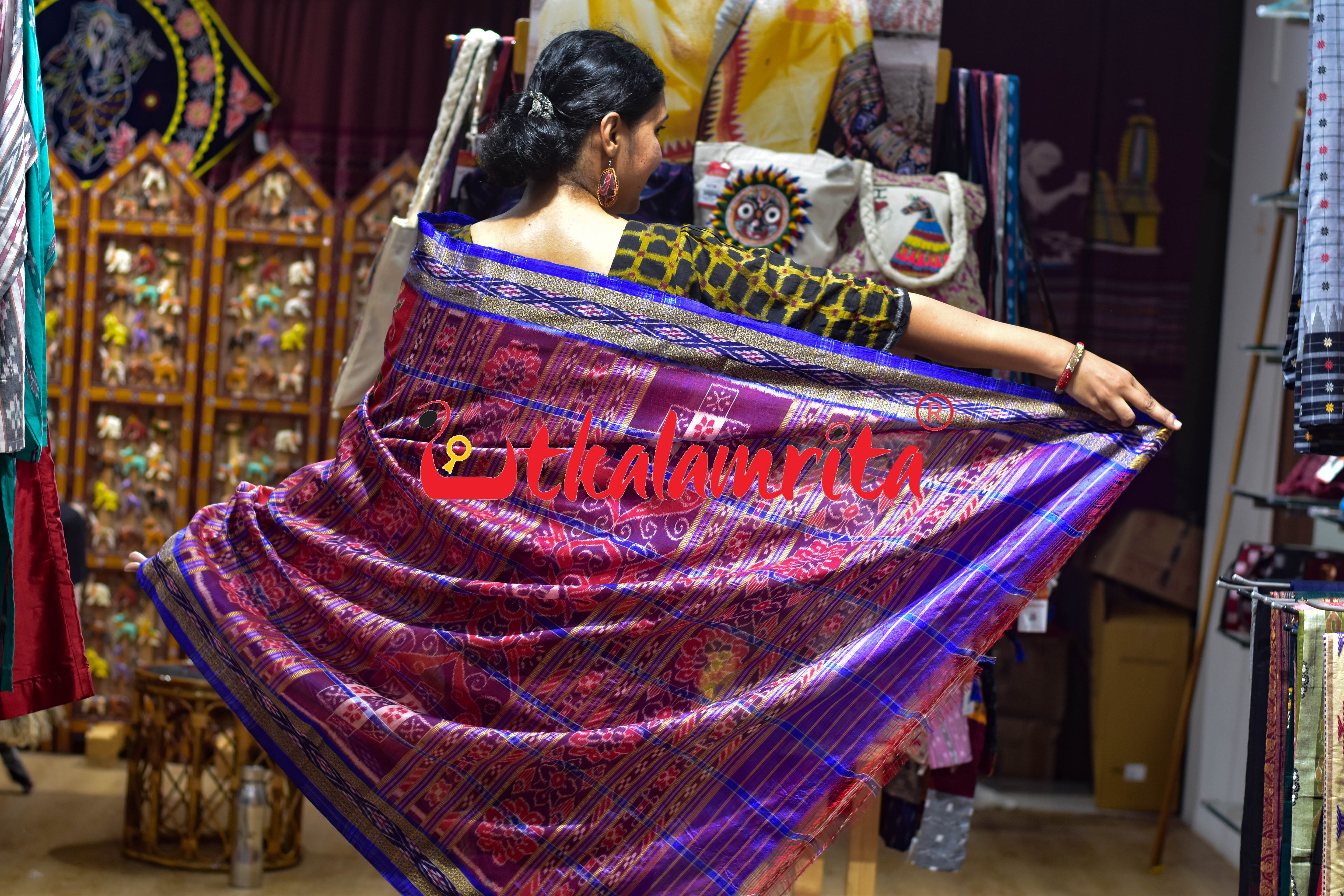 Red with Blue Lines Nabarangi Silk