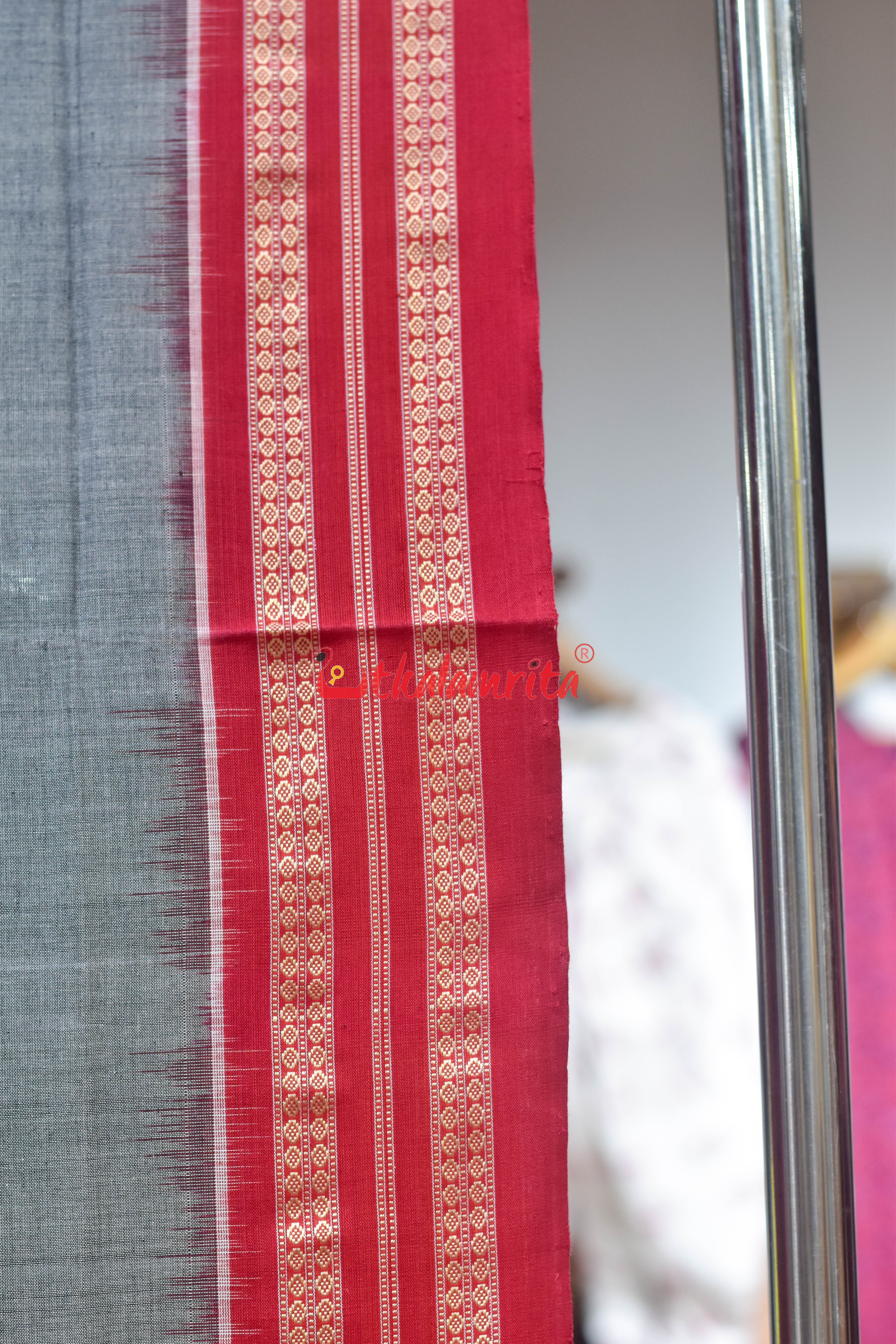 Grey Red Sakta Bomkai Cotton Saree