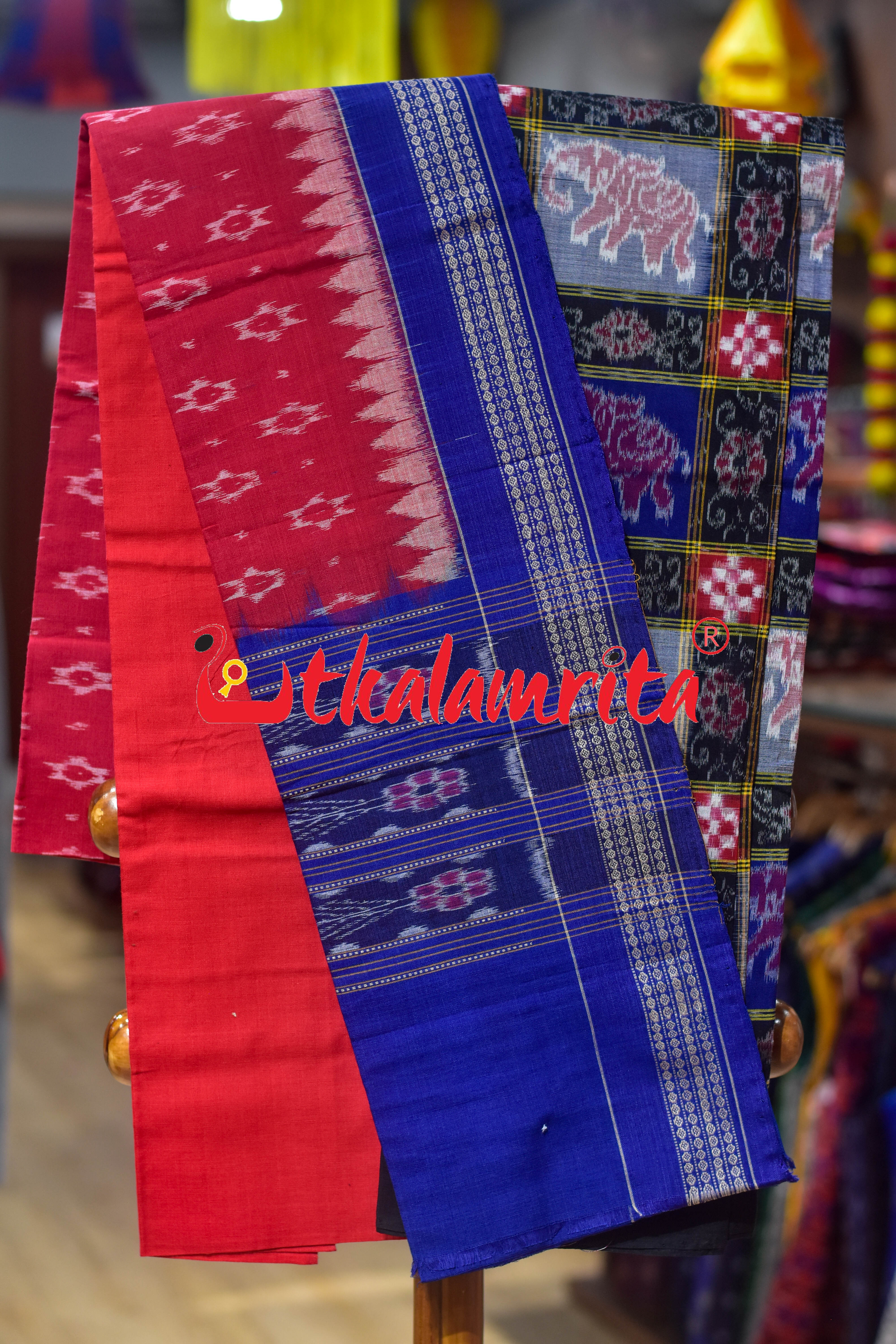 Blue Red Kothi Elephants Sambalpuri Cotton Dress Set