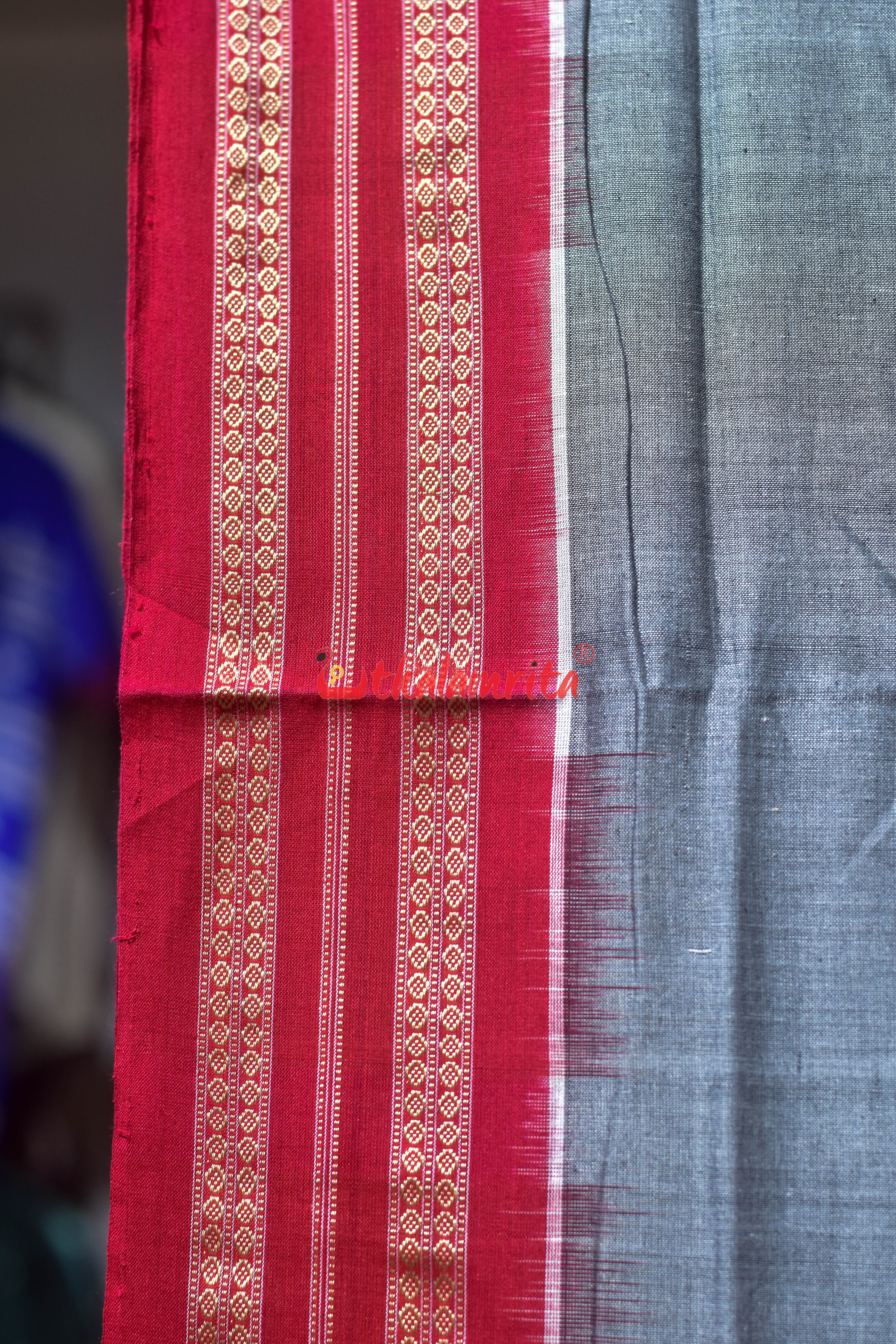 Grey Red Sakta Bomkai Cotton Saree