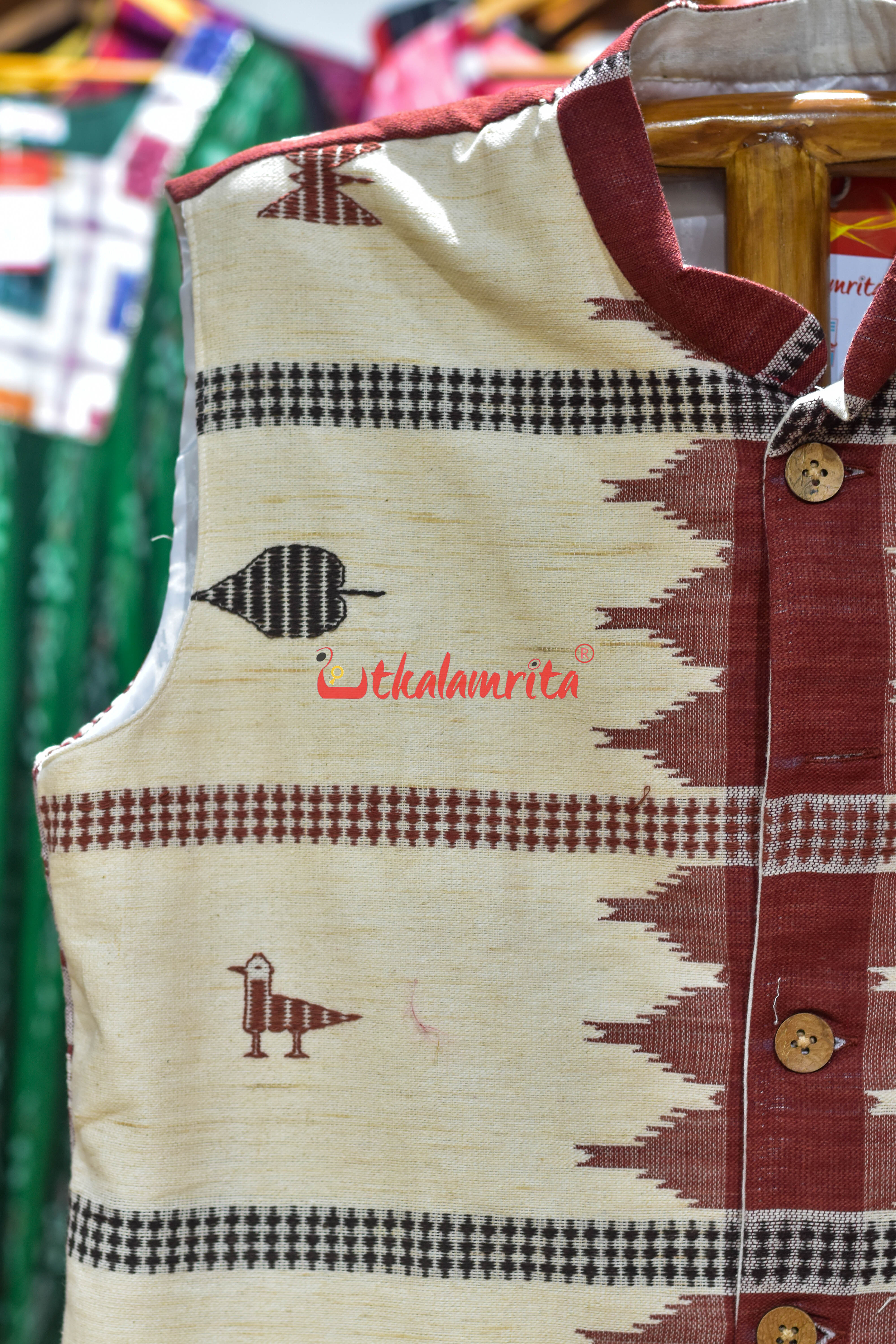Half Half Off White Maroon Adibasi Kotpad (Modi Jacket)