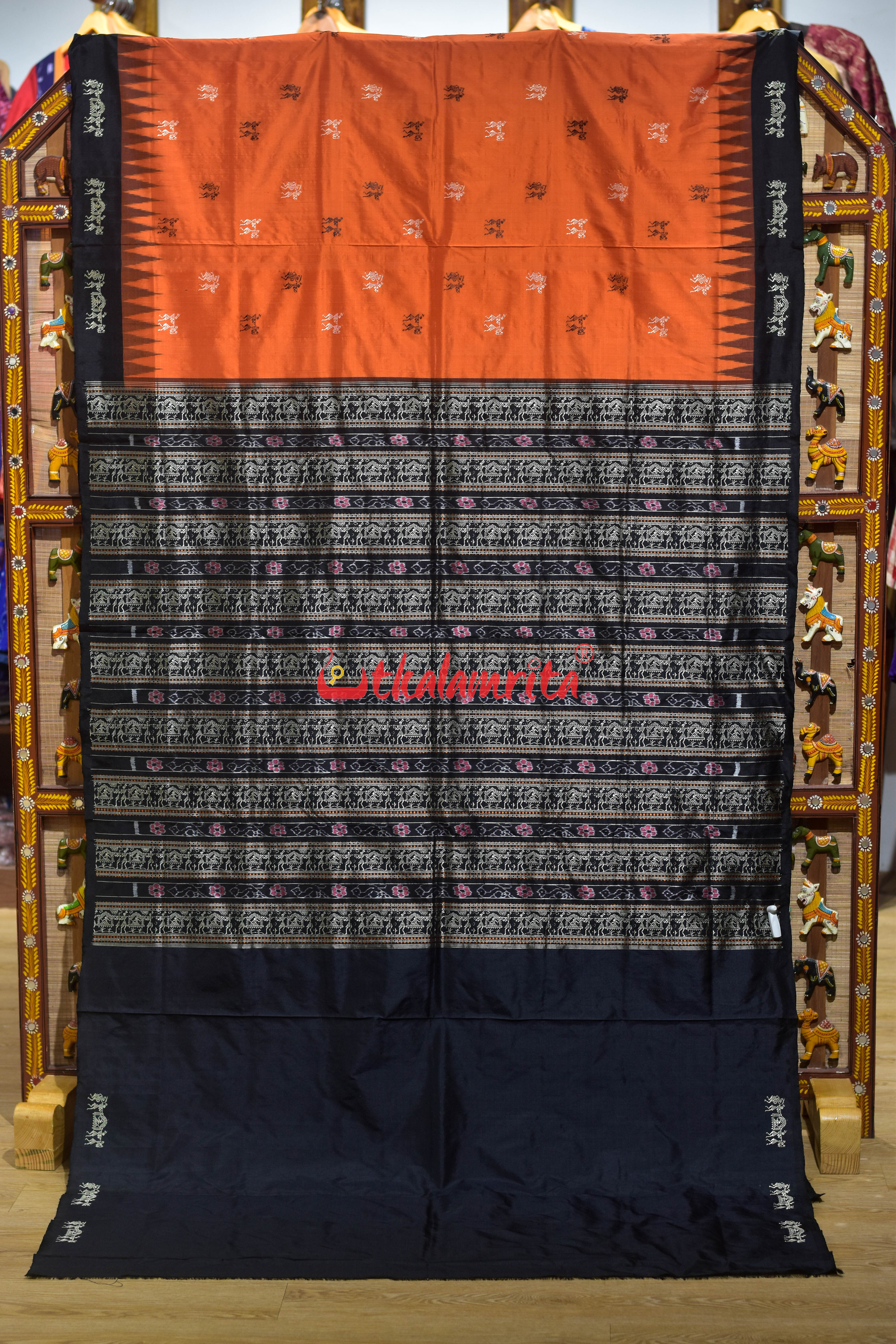 Orange Black Sabari Bomkai Silk Saree