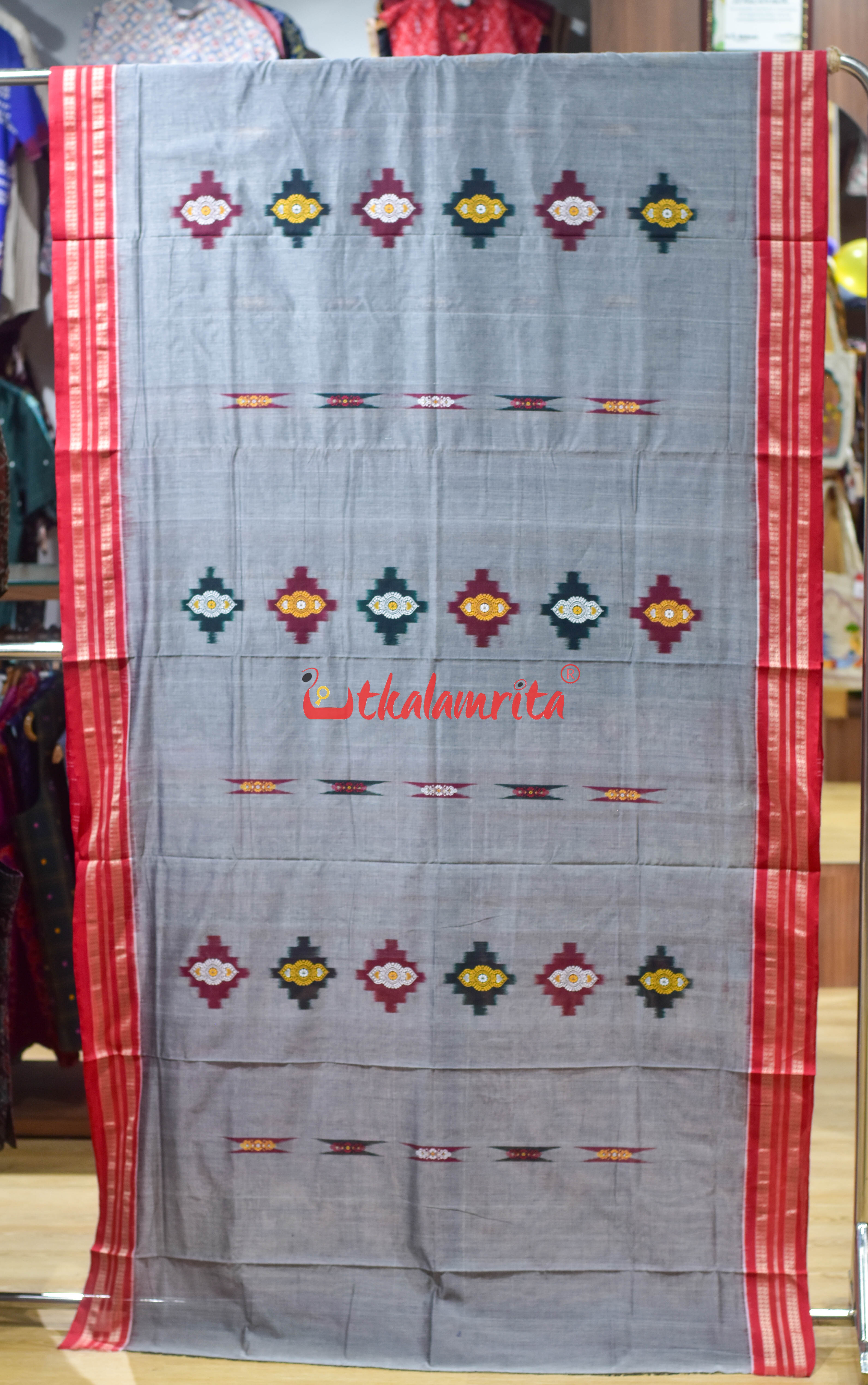 Grey Red Sakta Bomkai Cotton Saree