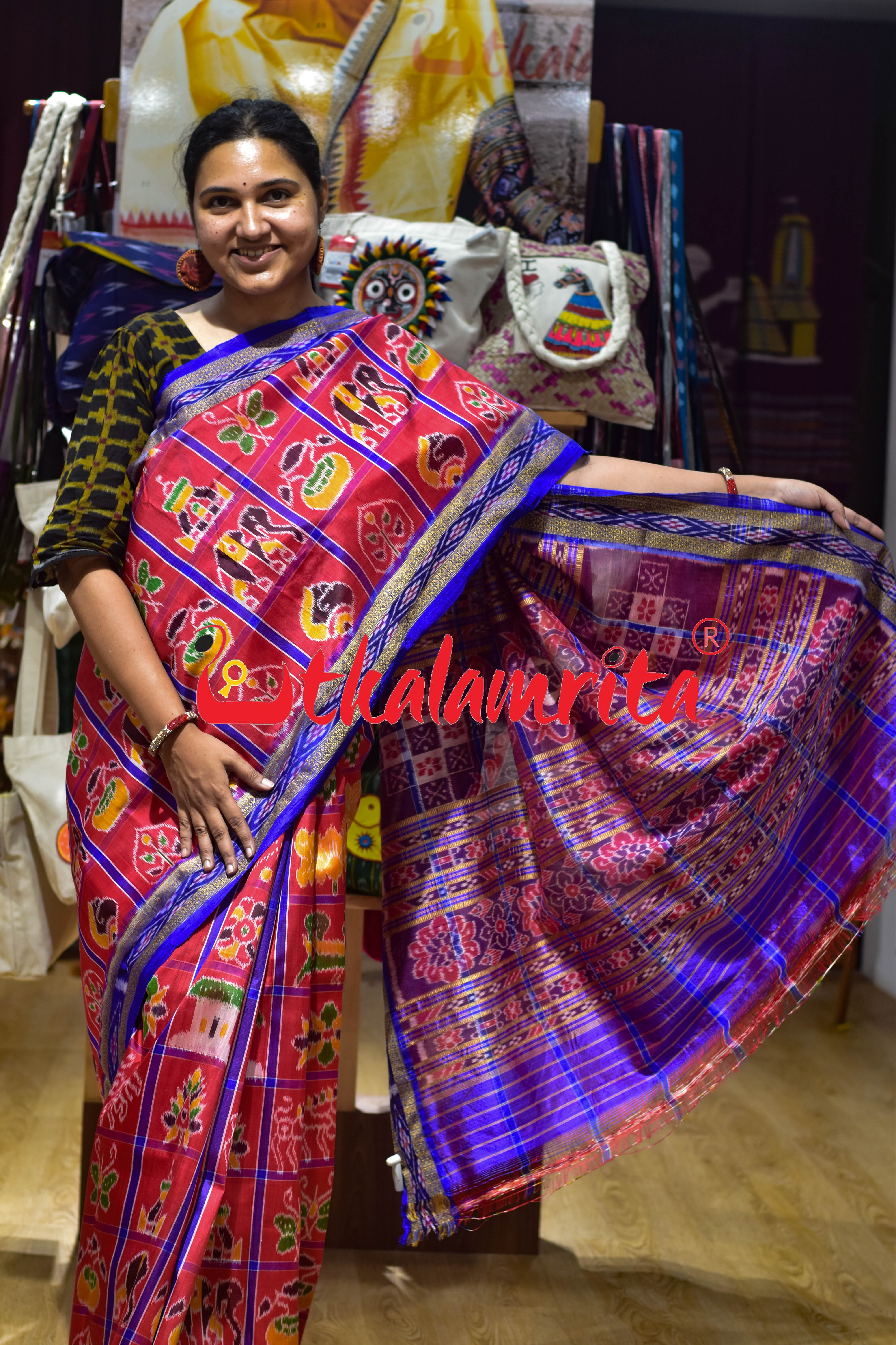 Red with Blue Lines Nabarangi Silk