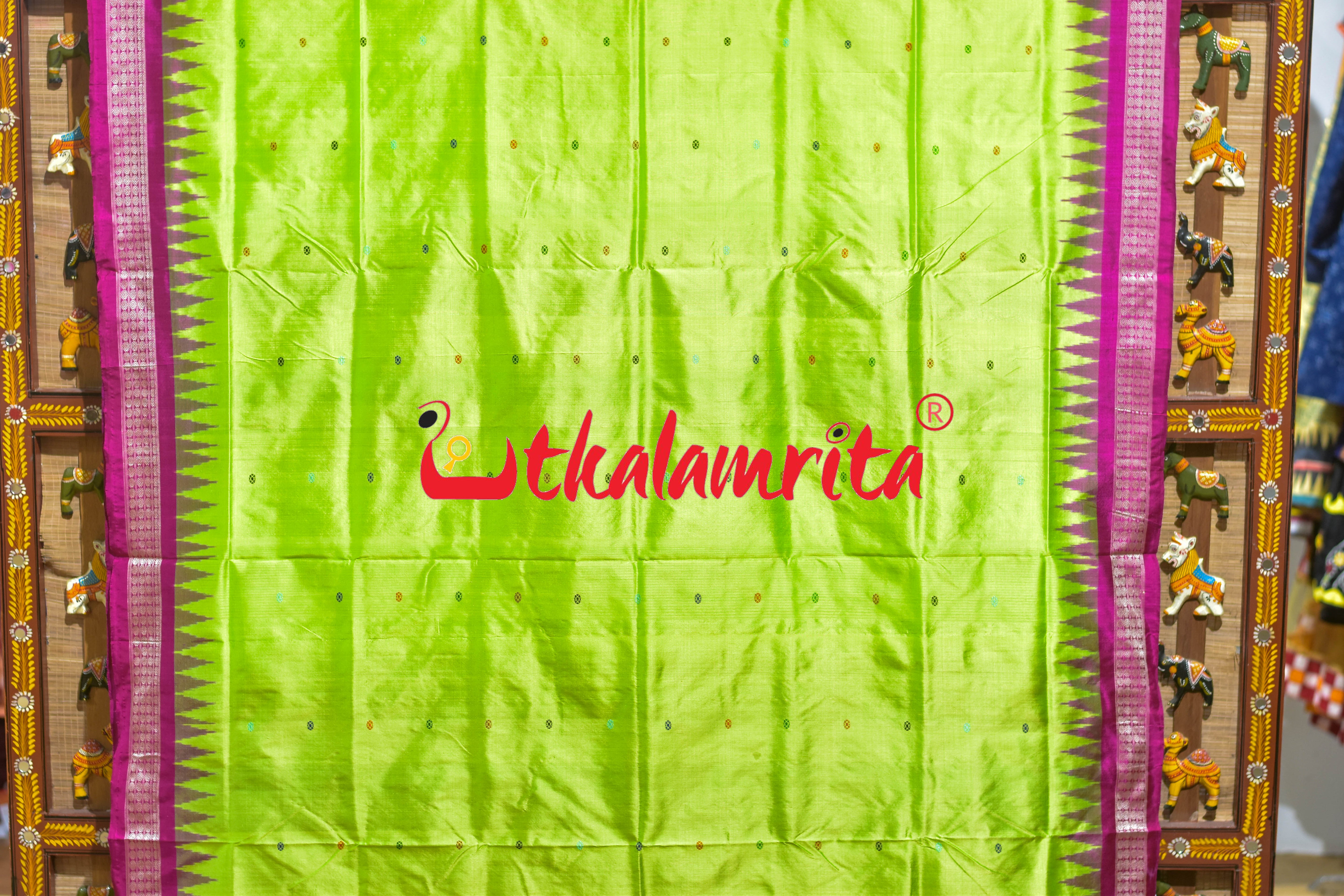 Prajapati Anchal Fluorescent Green Rani Bomkai Silk Saree