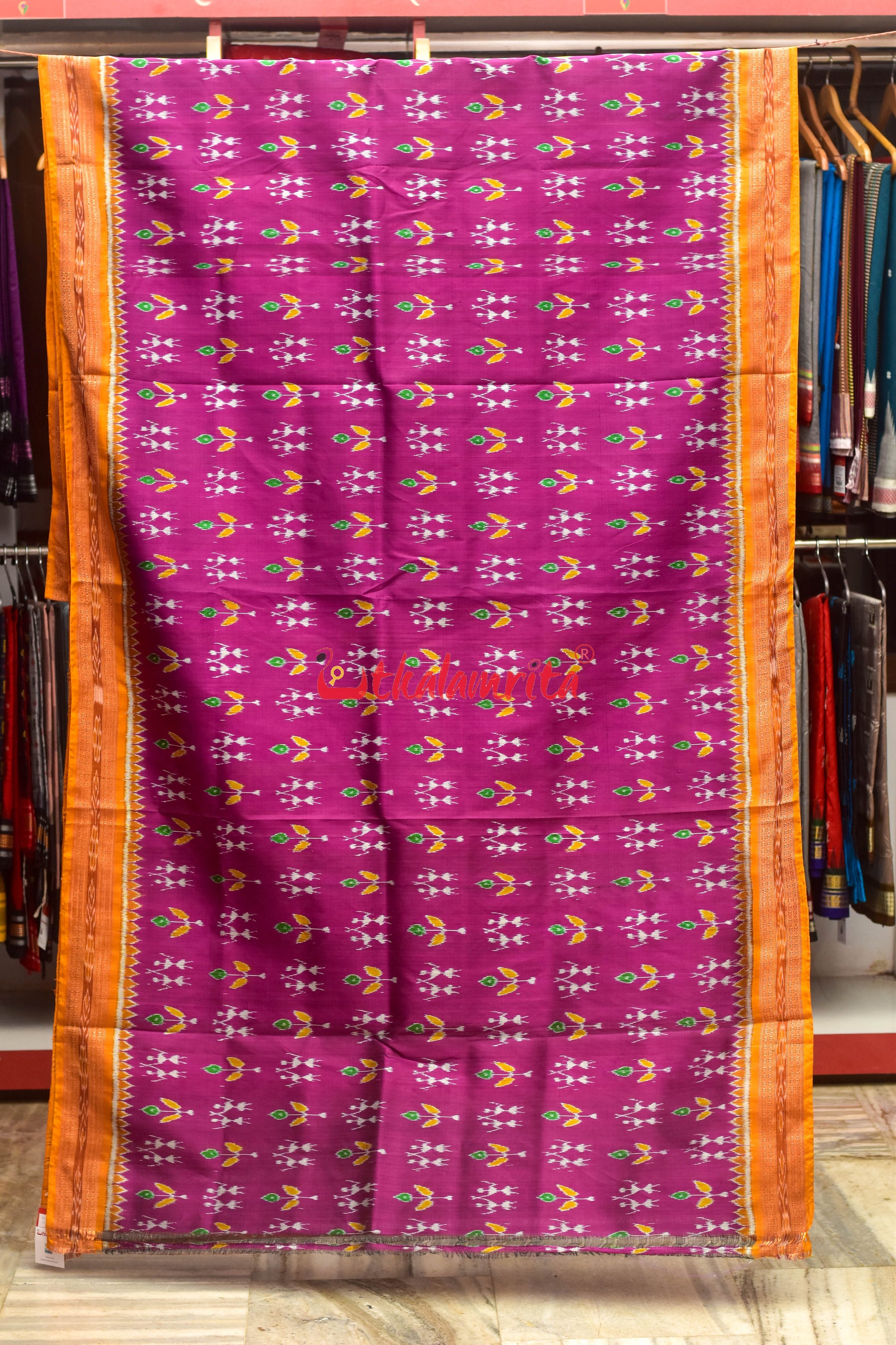 Magenta Patra Tribal Khandua Silk Saree