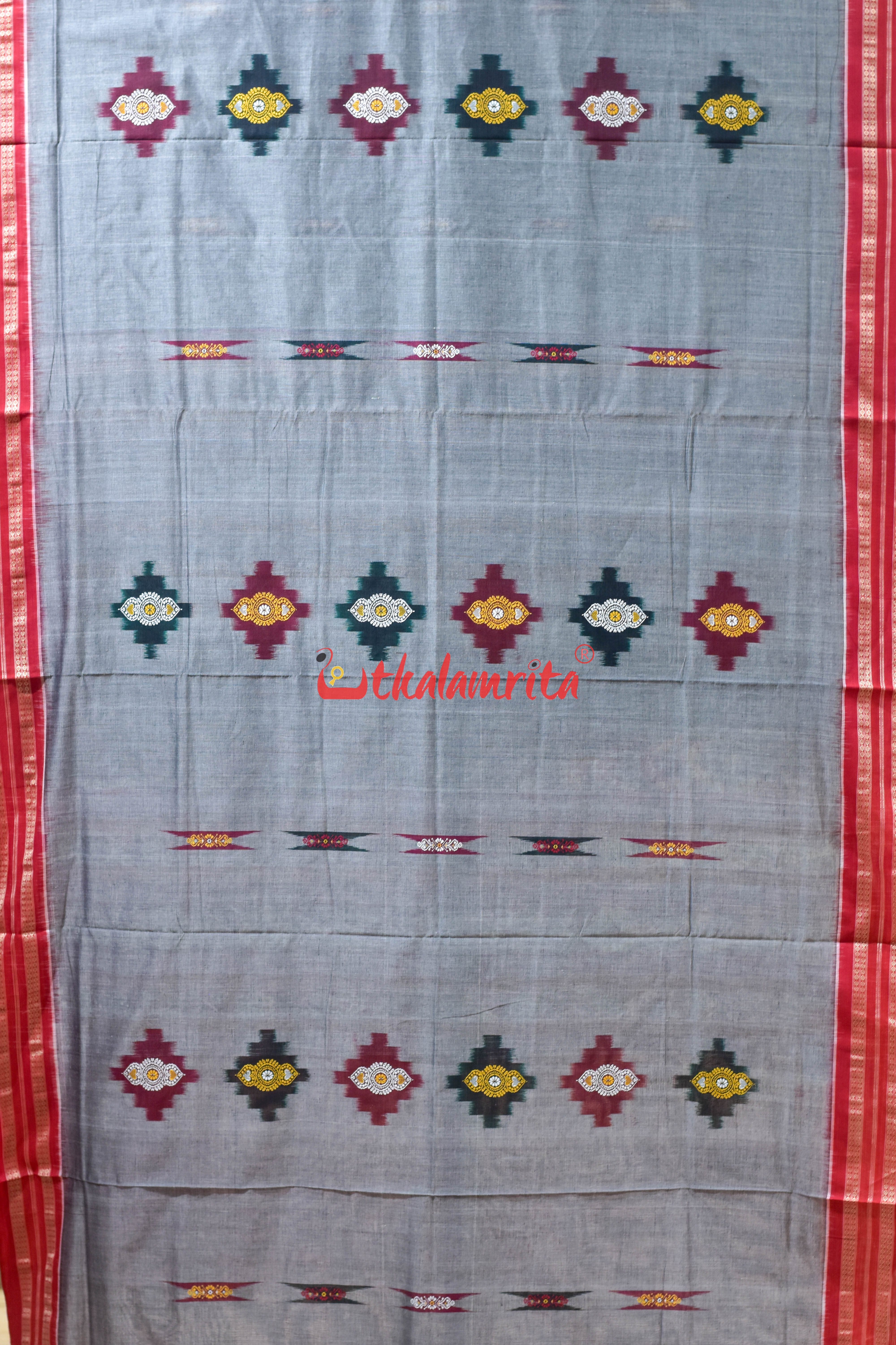 Grey Red Sakta Bomkai Cotton Saree