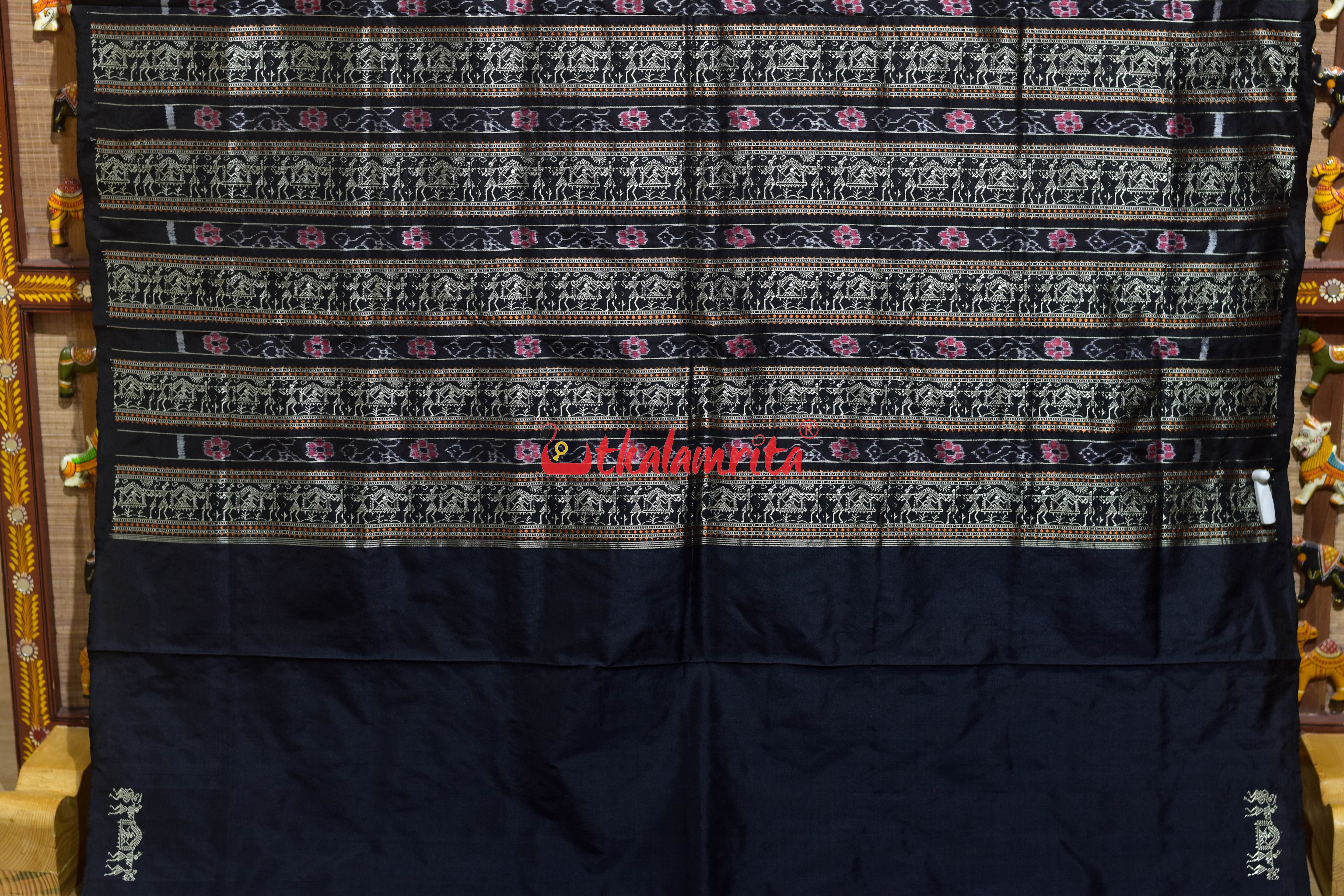 Orange Black Sabari Bomkai Silk Saree