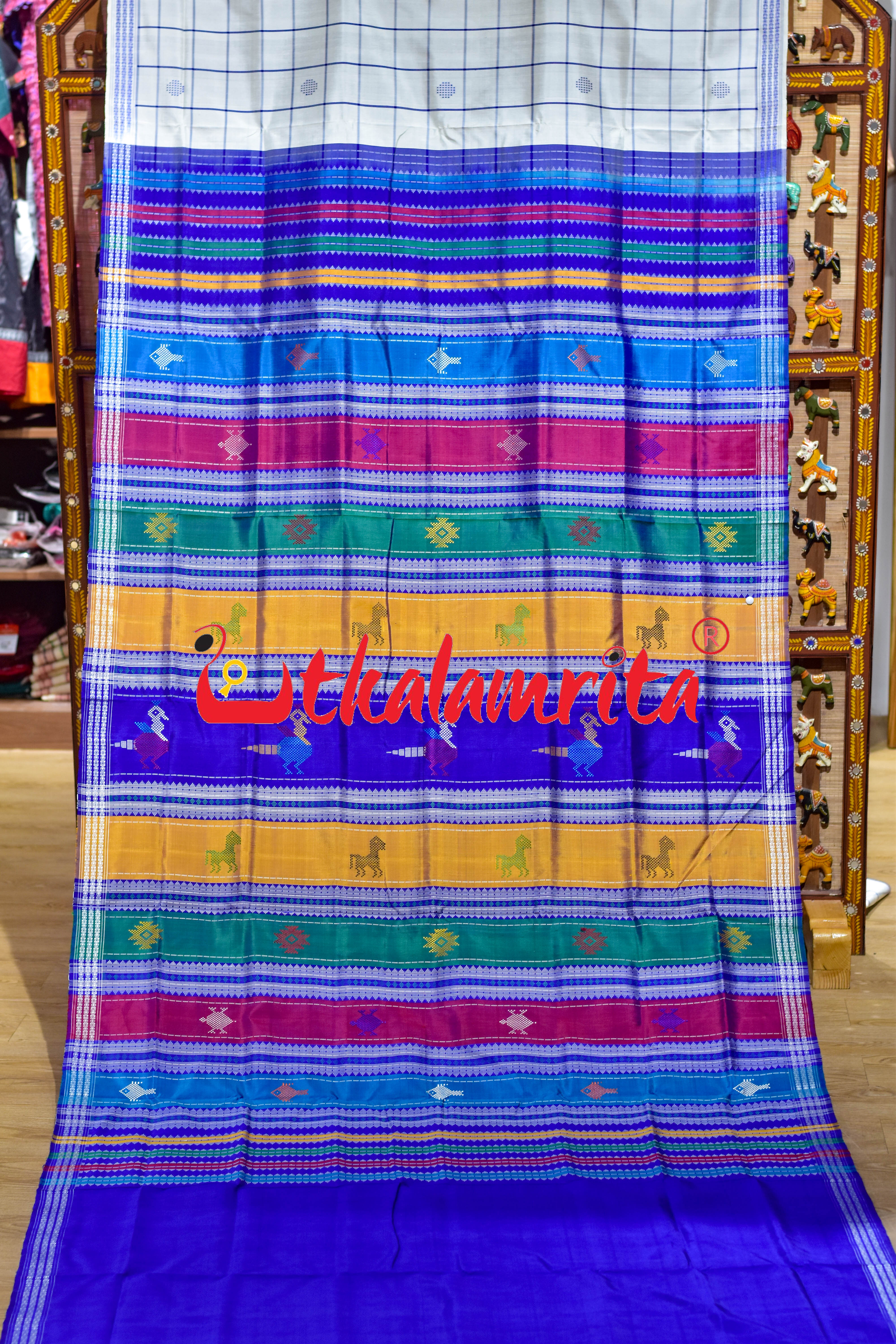 White Blue Check Fish Buti Double Anchal Berhampuri Silk Saree