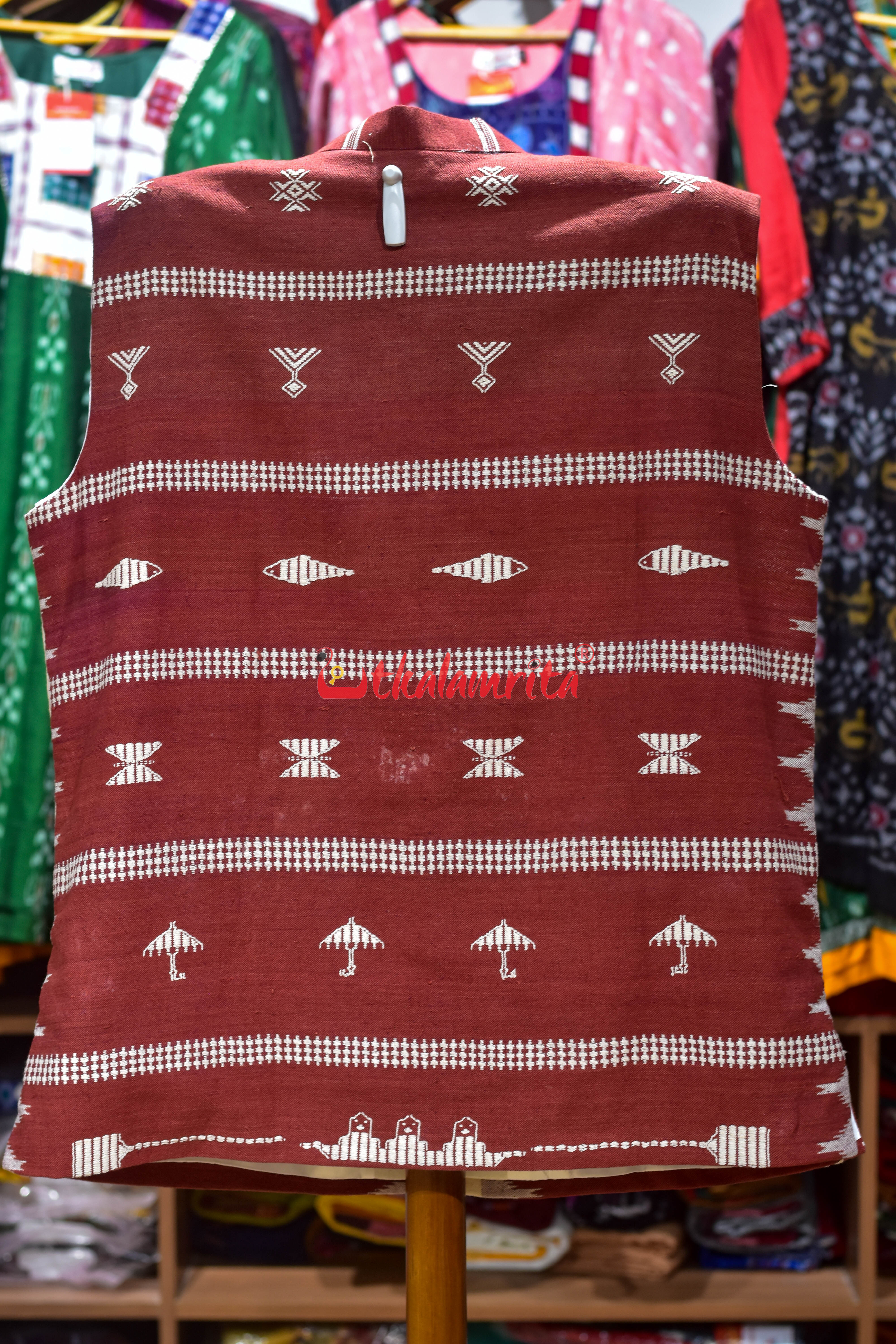 Half Half Off White Maroon Adibasi Kotpad (Modi Jacket)