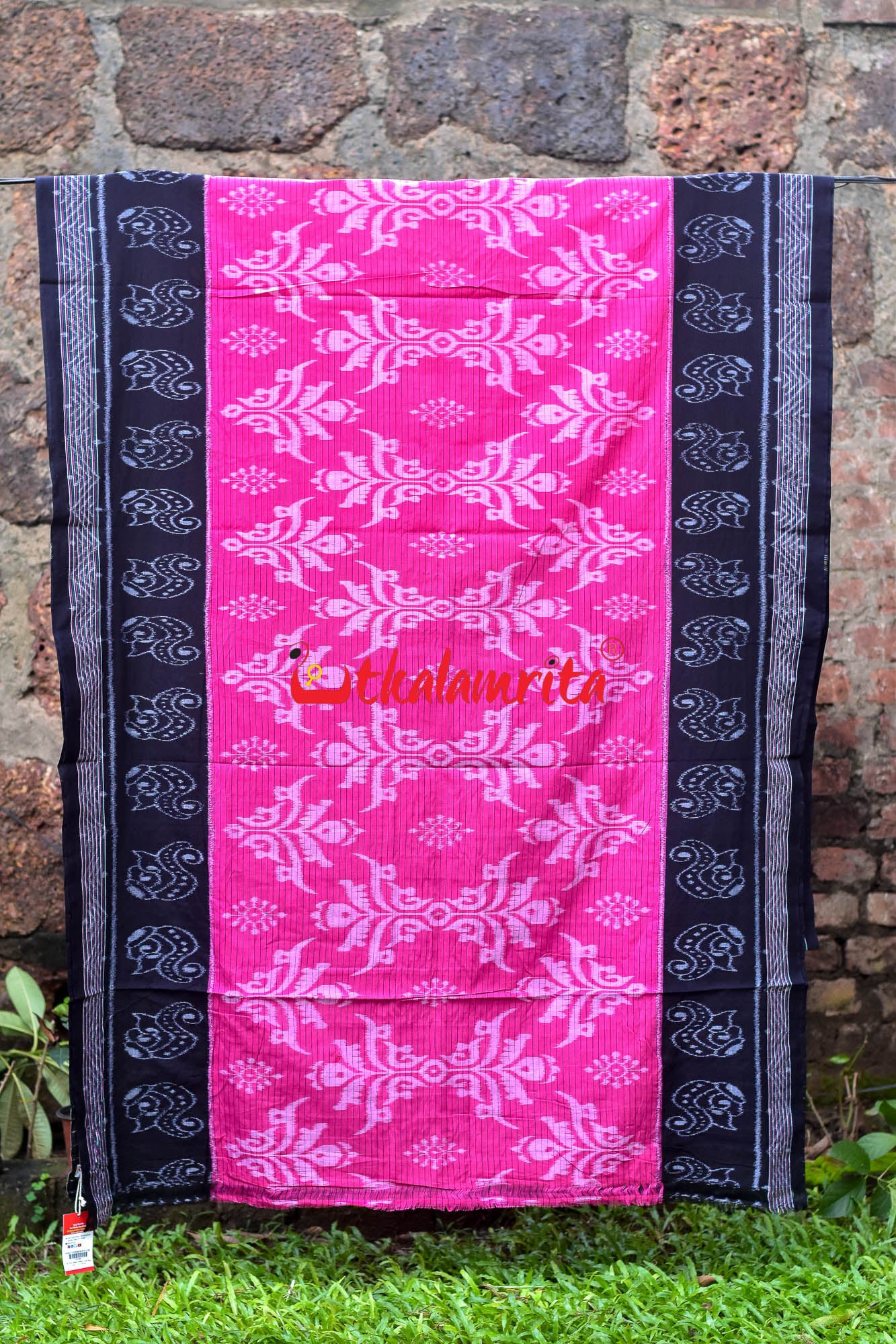 Pink Black Sankha Khandua Cotton Saree