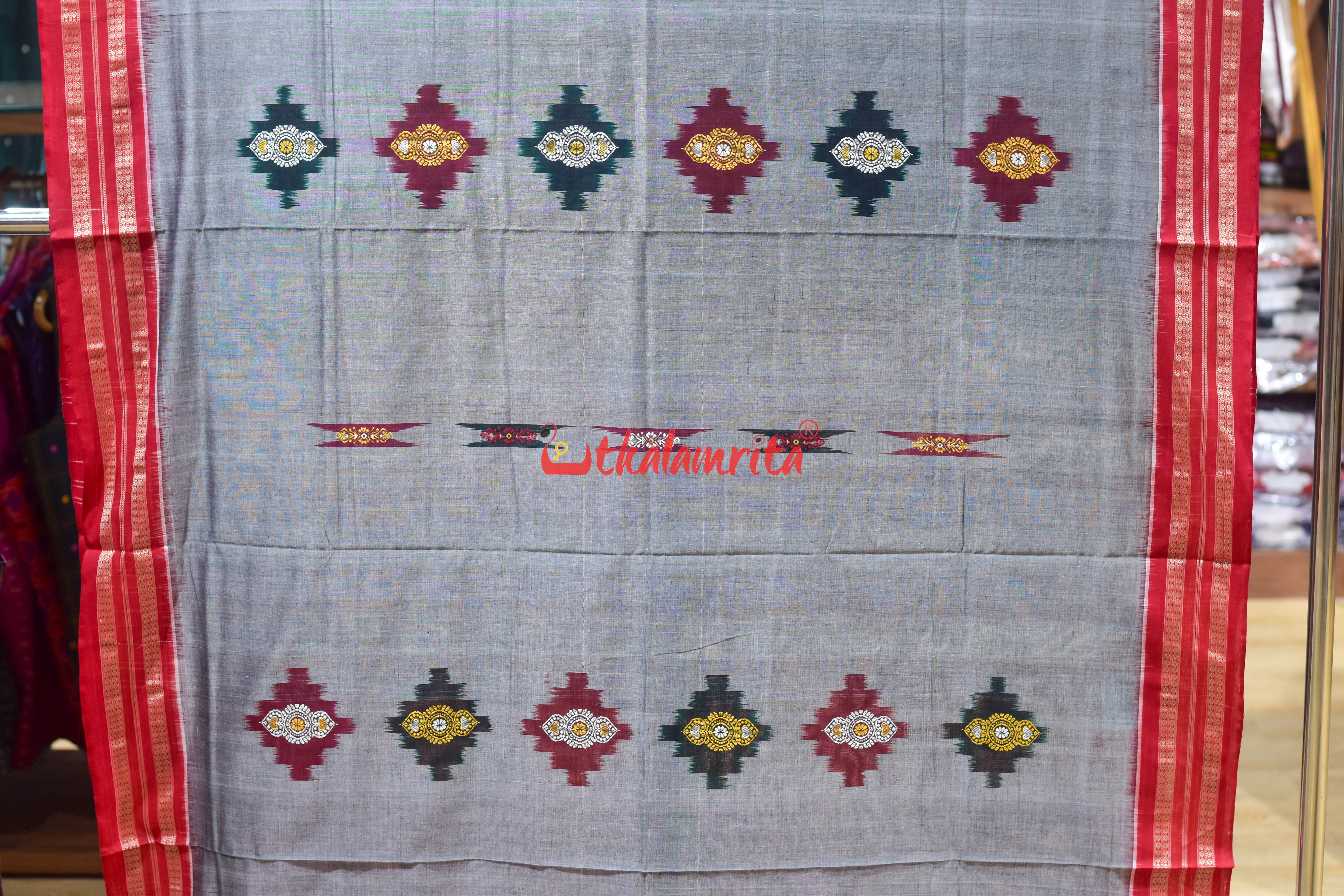 Grey Red Sakta Bomkai Cotton Saree