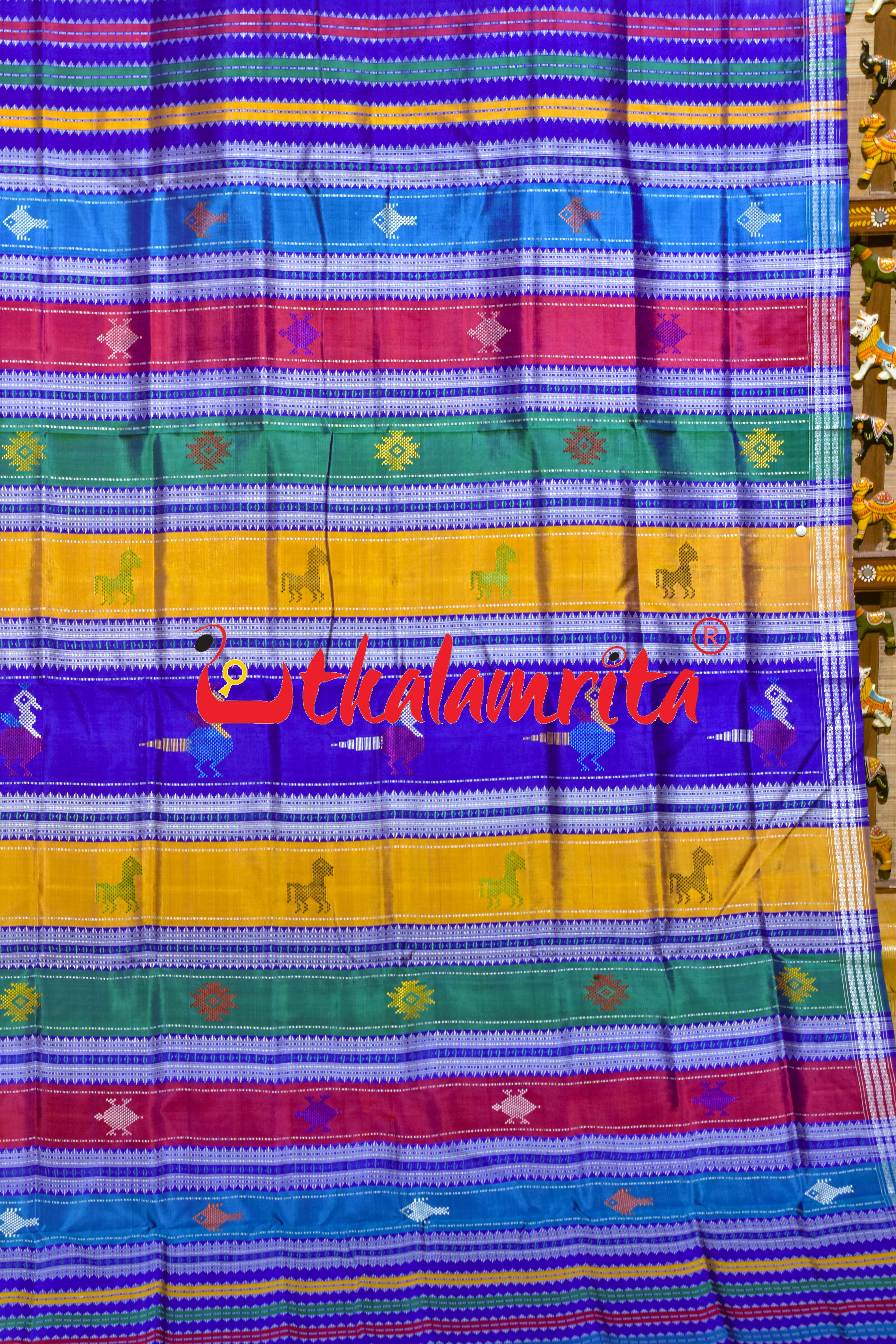 White Blue Check Fish Buti Double Anchal Berhampuri Silk Saree