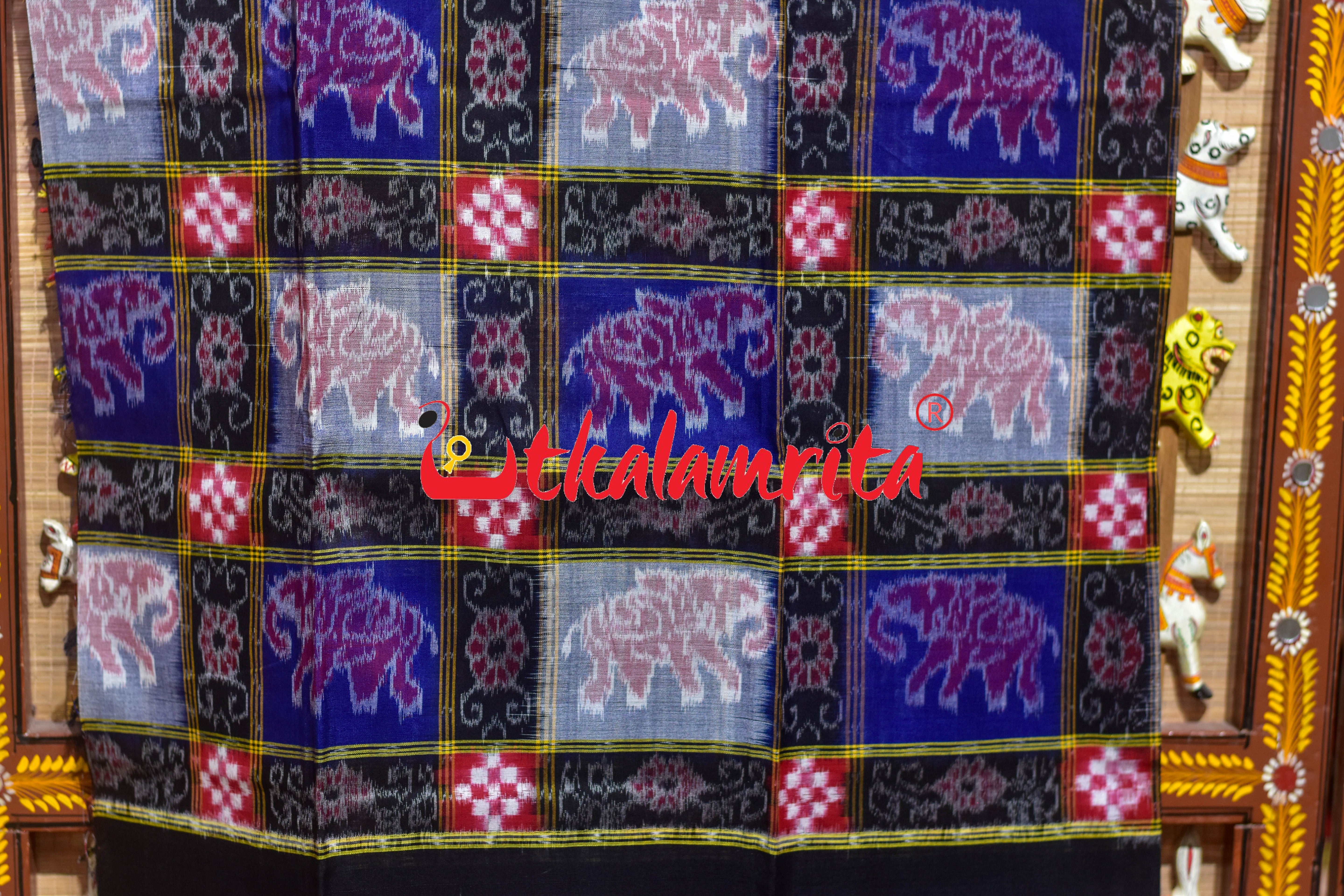Blue Red Kothi Elephants Sambalpuri Cotton Dress Set