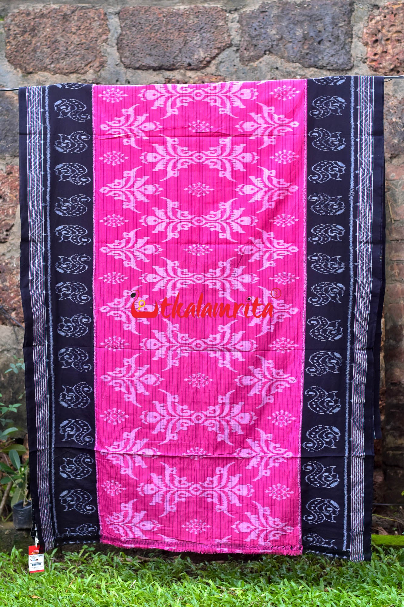 Pink Black Sankha Khandua Cotton Saree