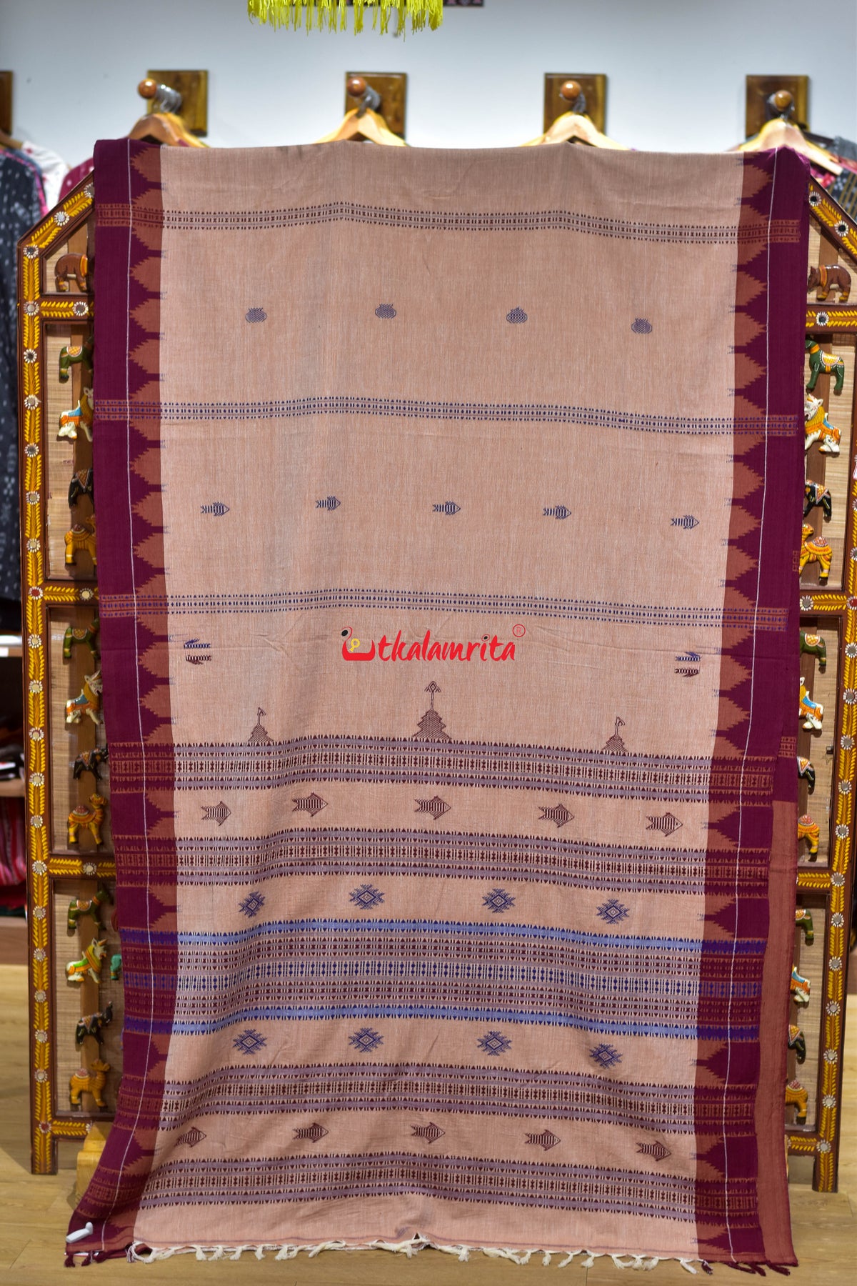 Cream Maroon Temple Design Kotpad Cotton Saree
