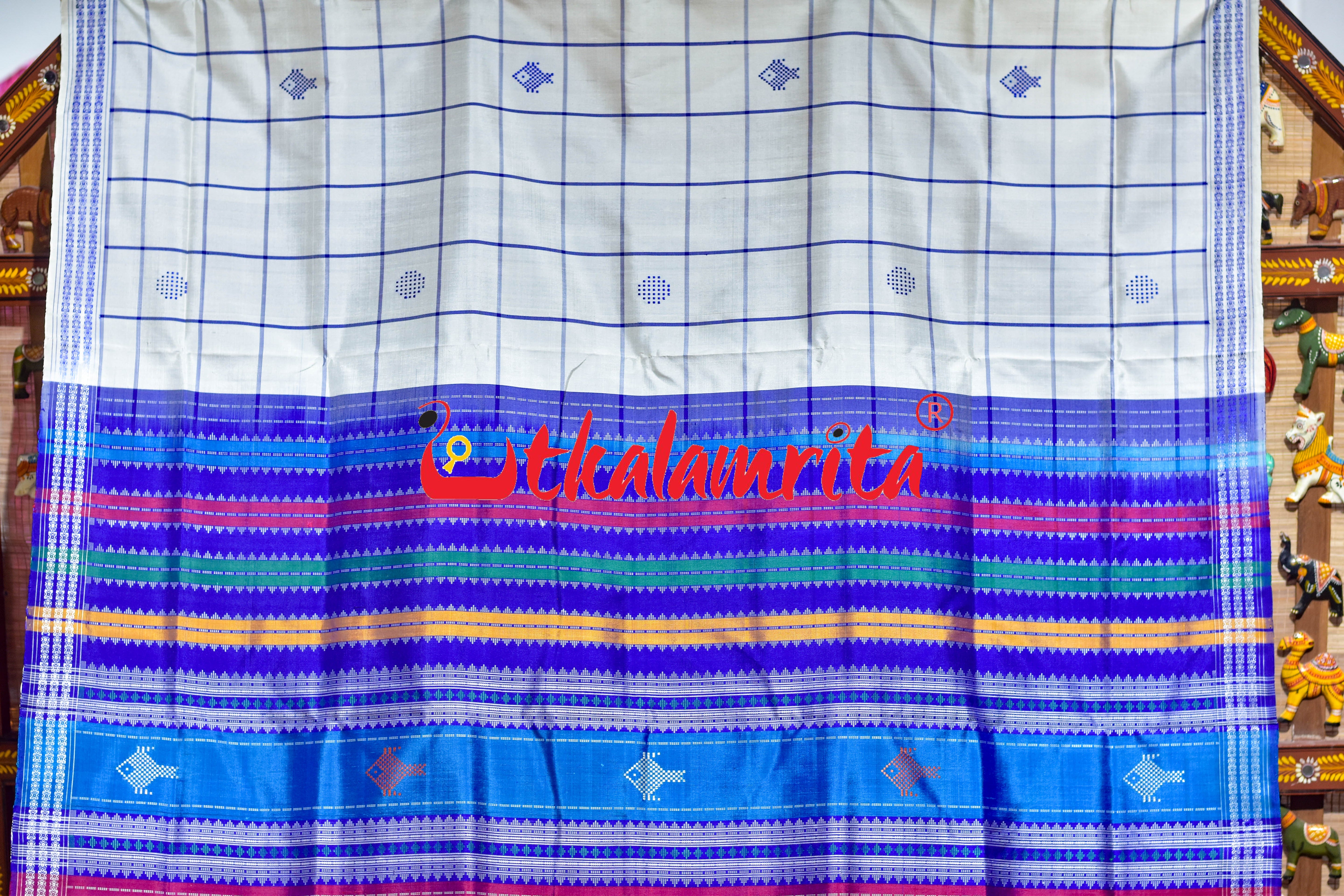 White Blue Check Fish Buti Double Anchal Berhampuri Silk Saree