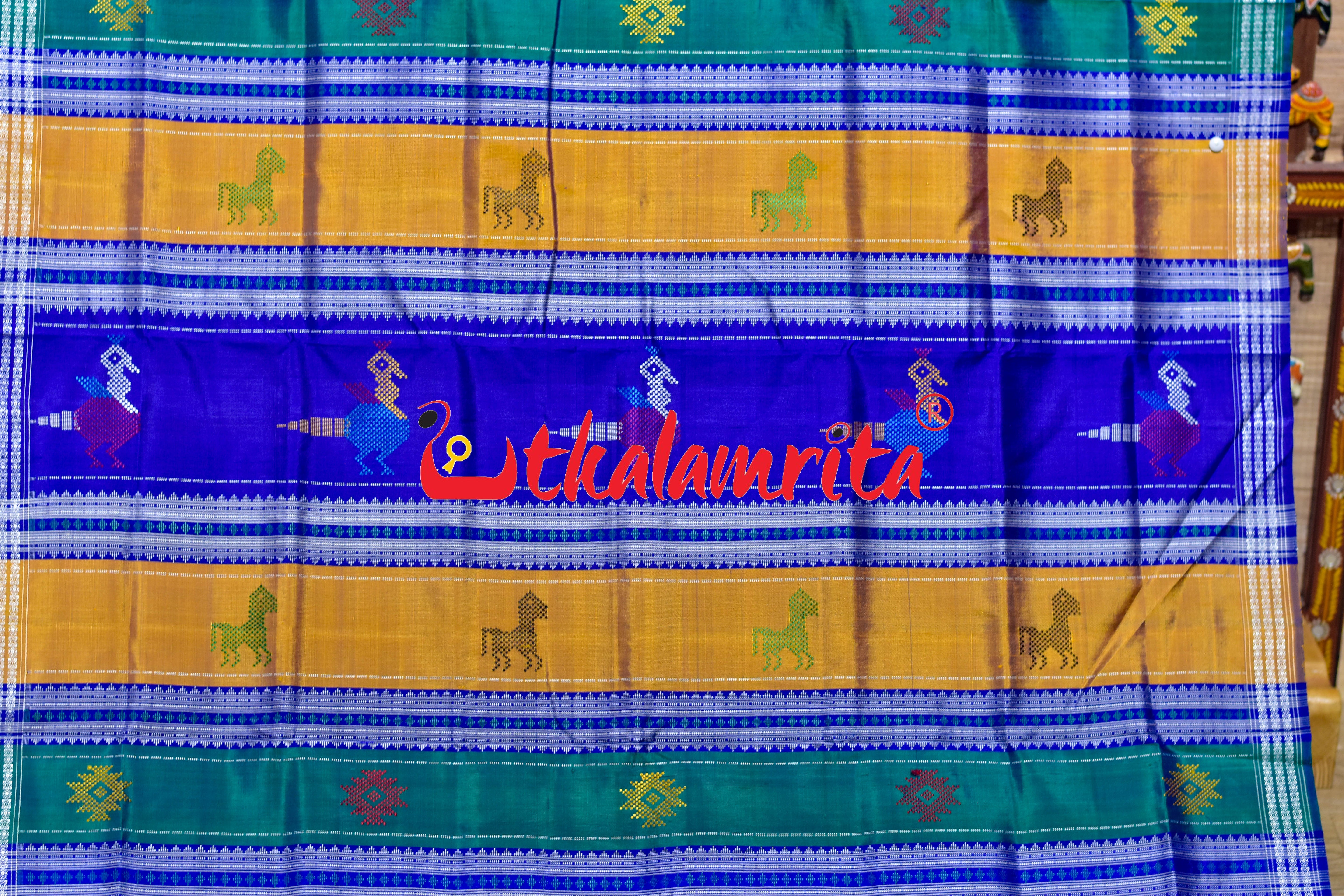 White Blue Check Fish Buti Double Anchal Berhampuri Silk Saree