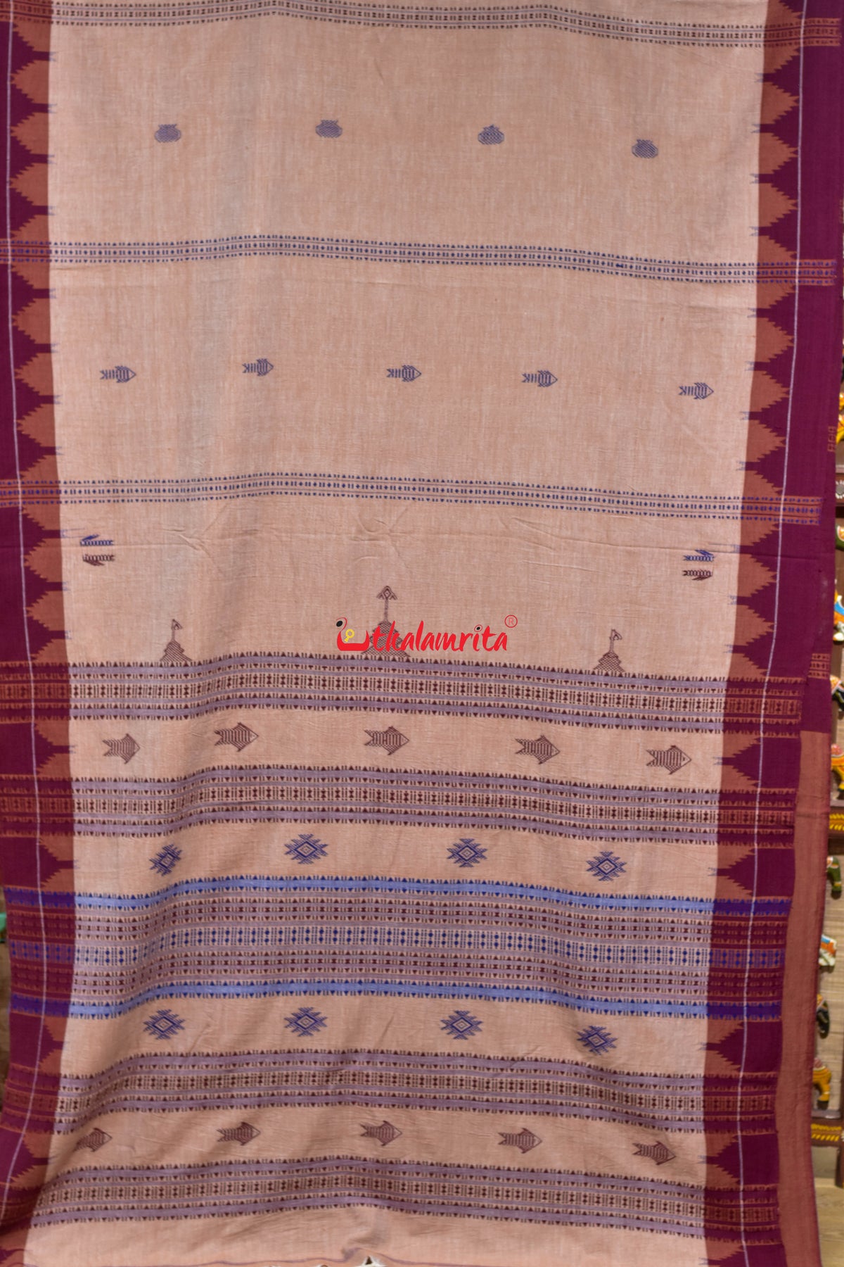 Cream Maroon Temple Design Kotpad Cotton Saree
