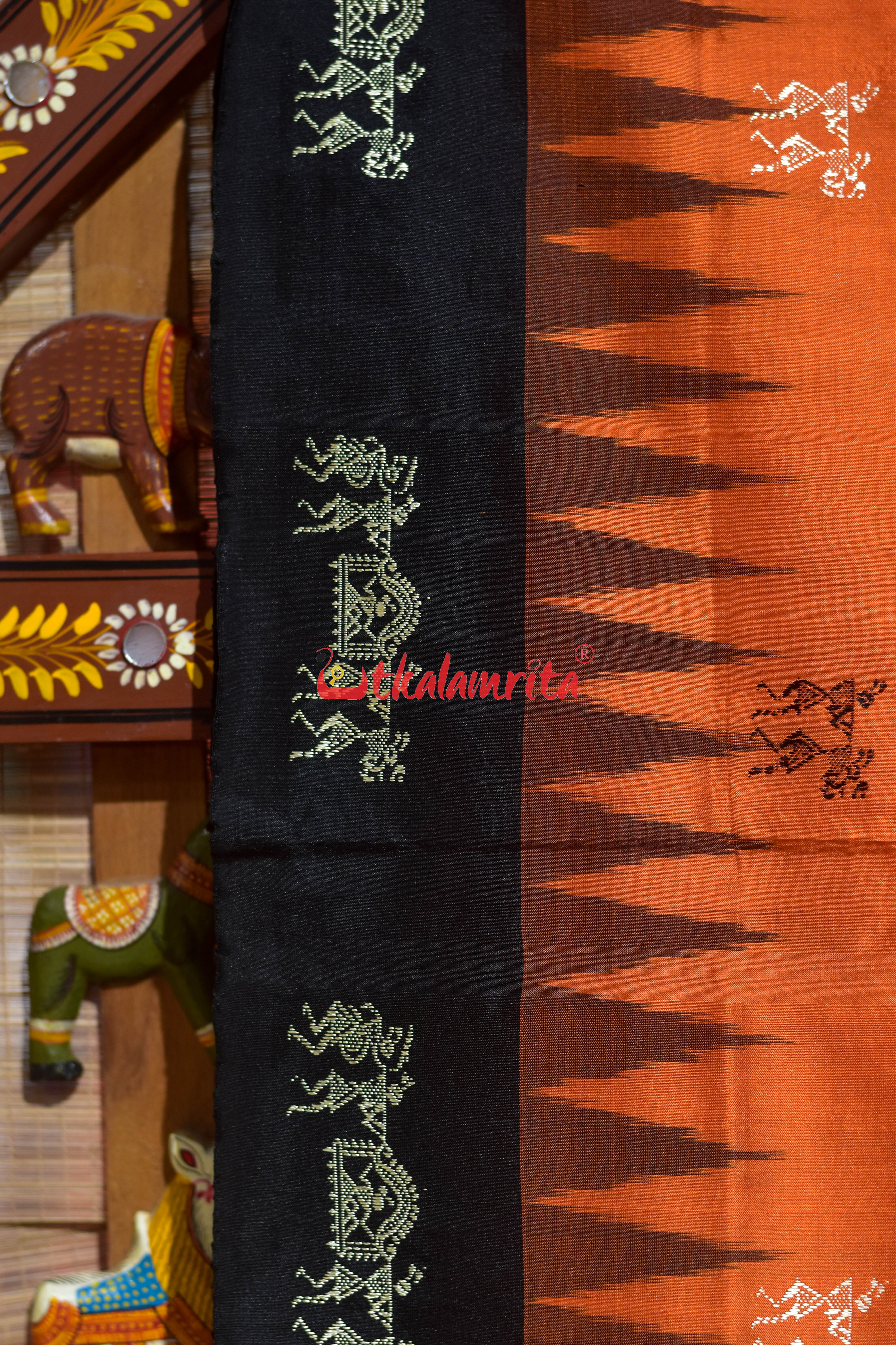 Orange Black Sabari Bomkai Silk Saree