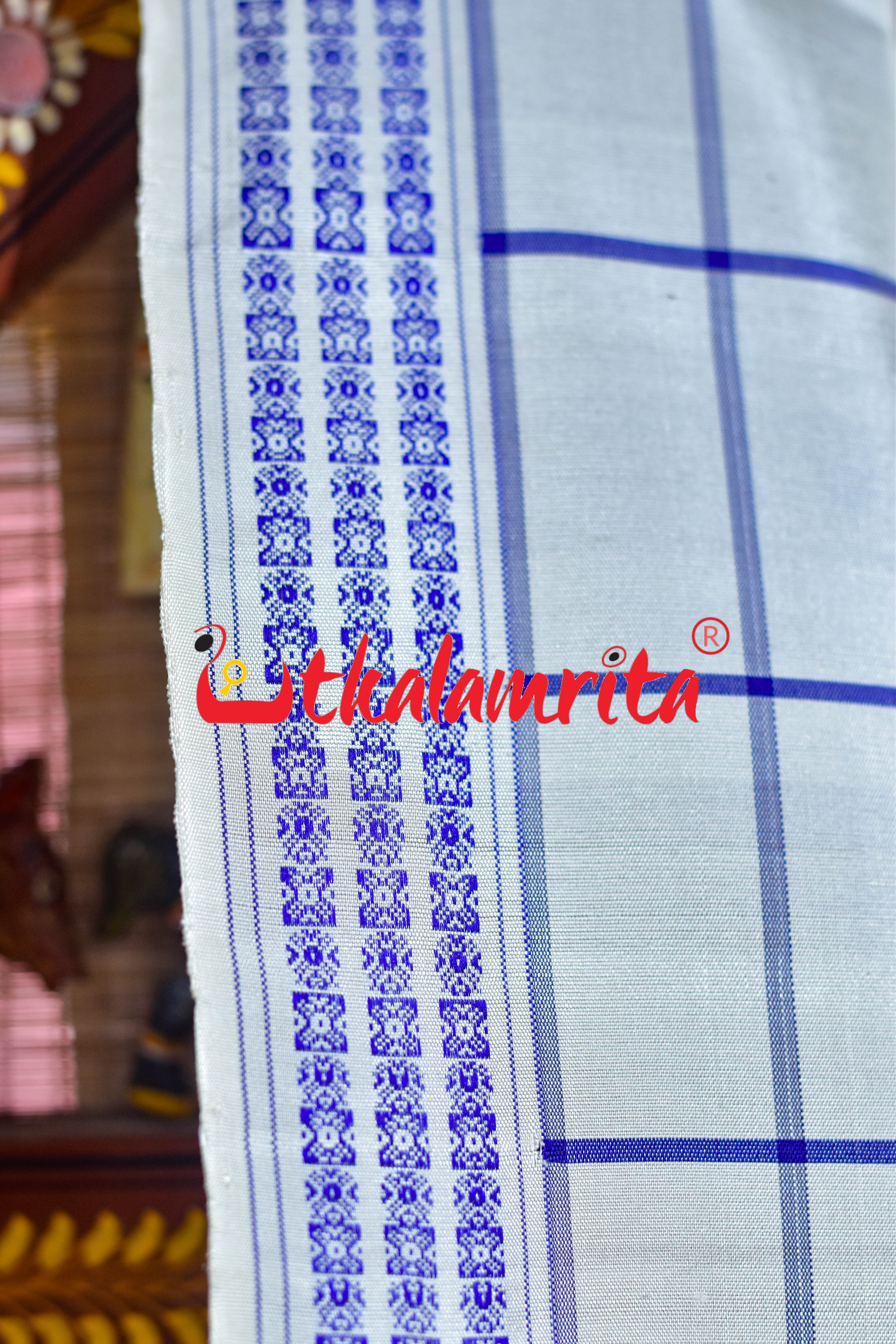 White Blue Check Fish Buti Double Anchal Berhampuri Silk Saree