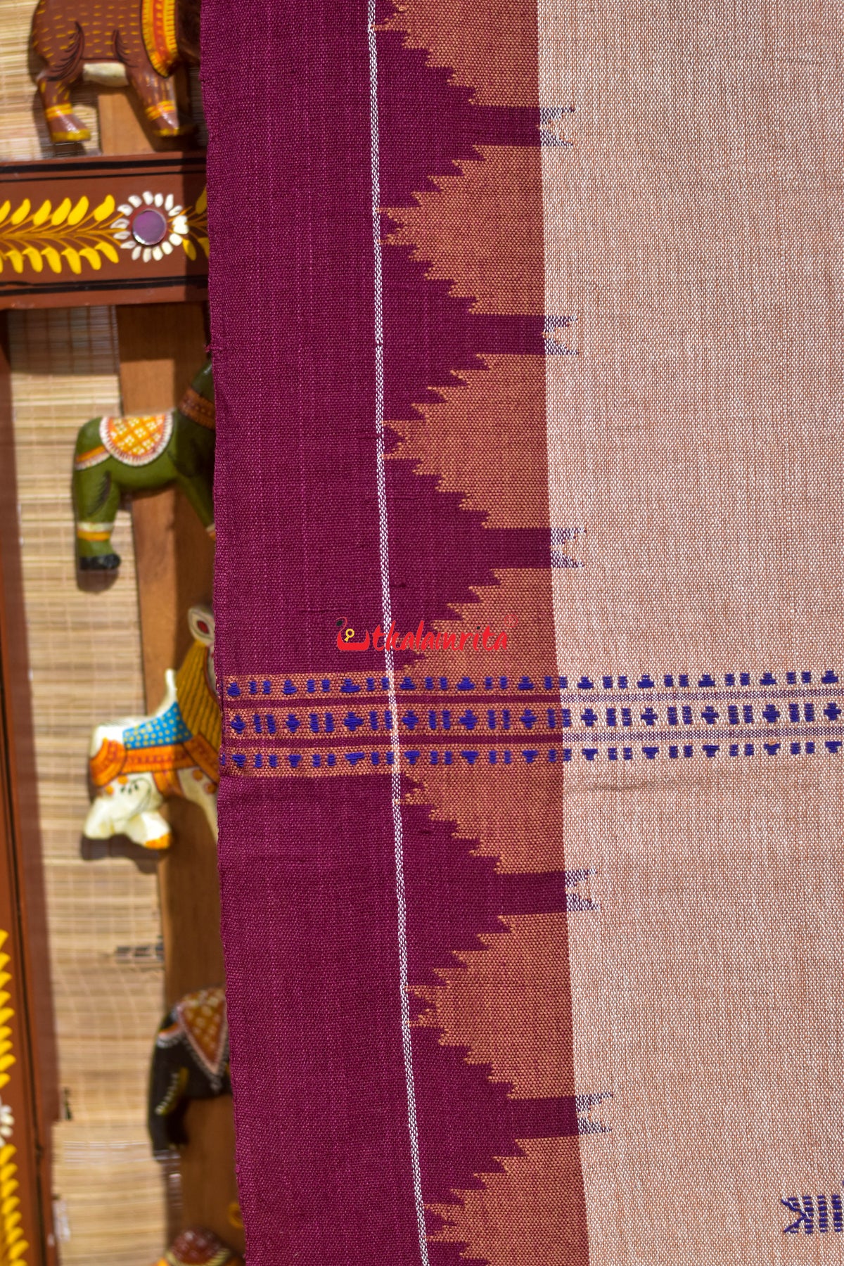 Cream Maroon Temple Design Kotpad Cotton Saree