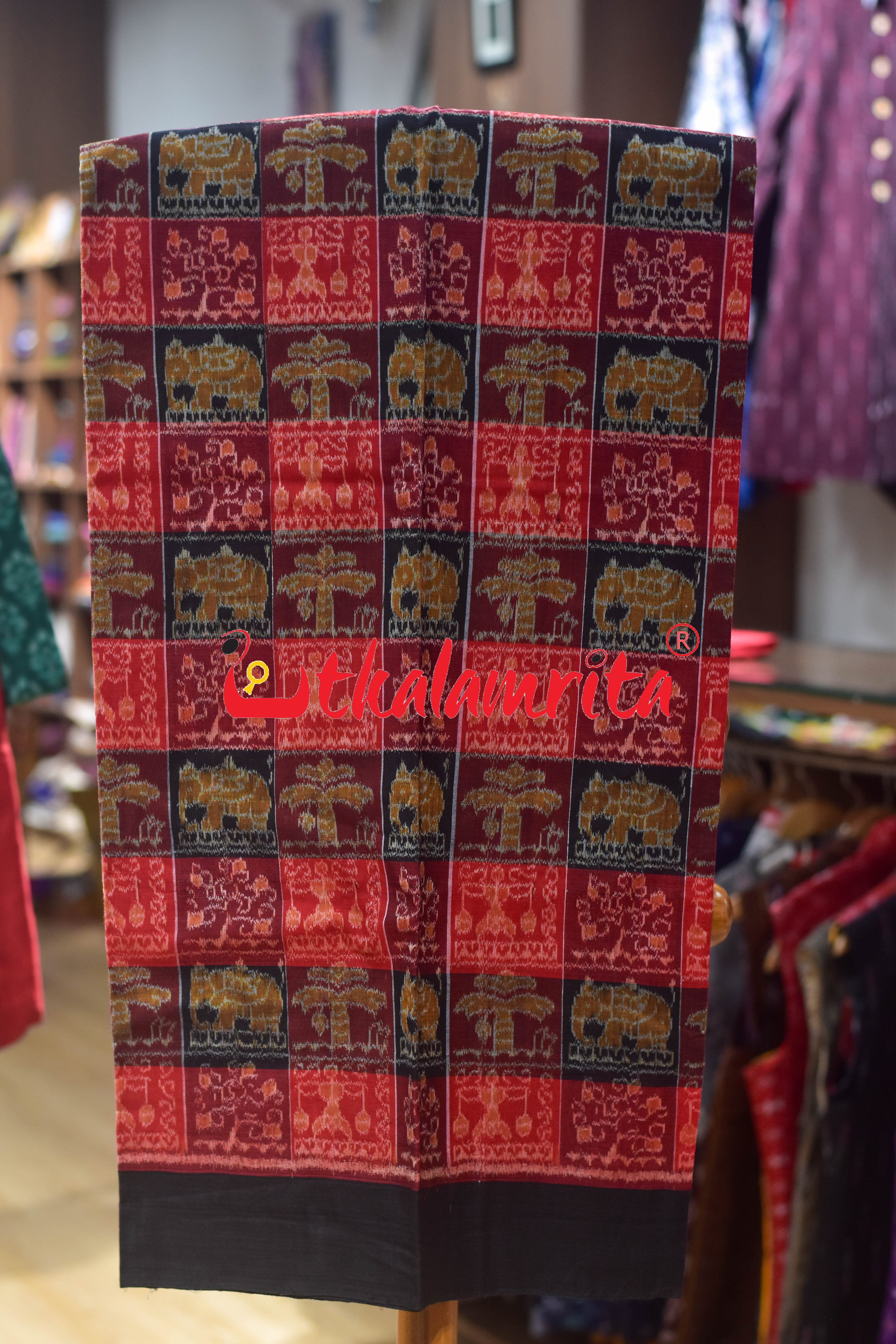 Red Black Elephant Tribals Sambalpuri Cotton Dress Set