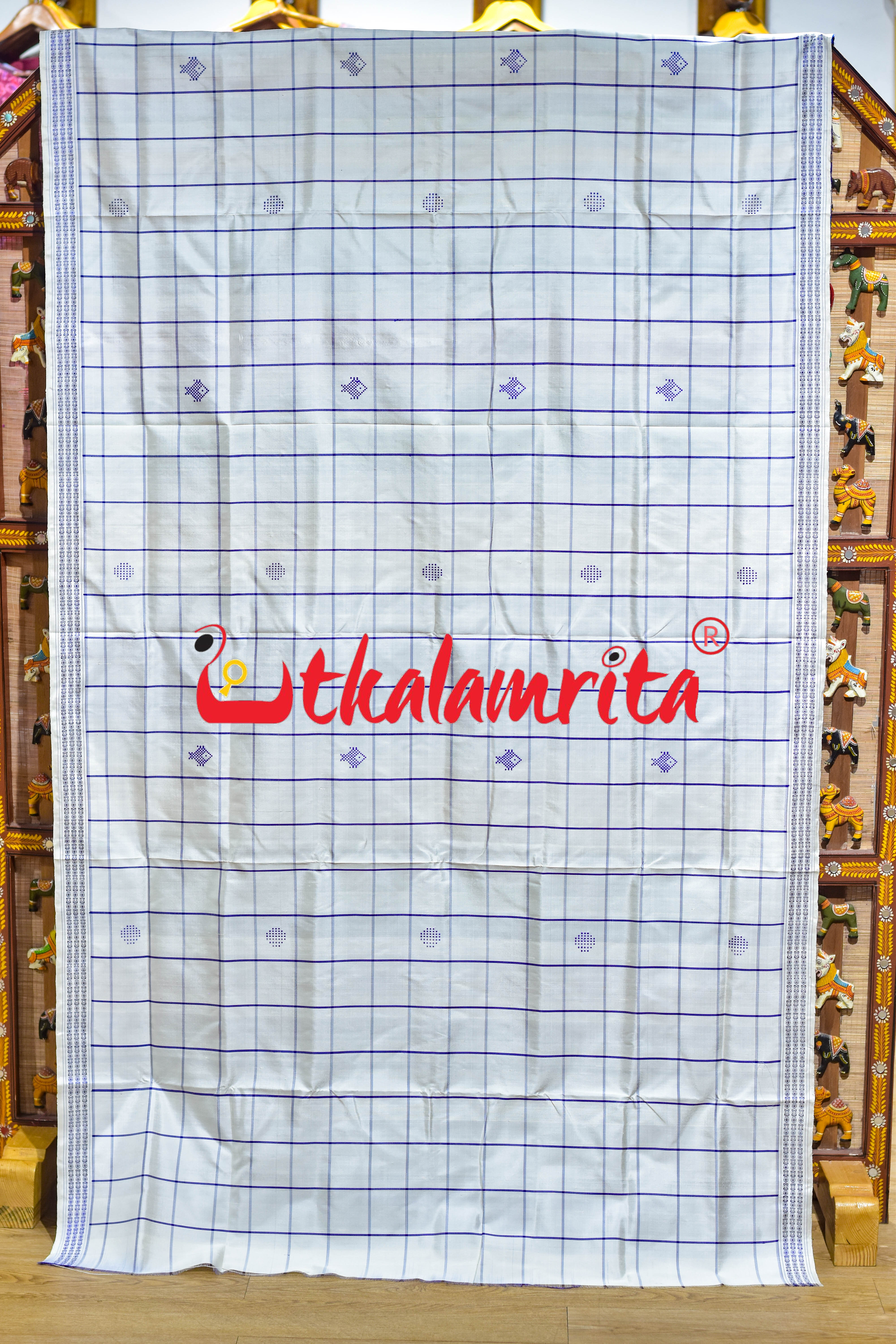 White Blue Check Fish Buti Double Anchal Berhampuri Silk Saree