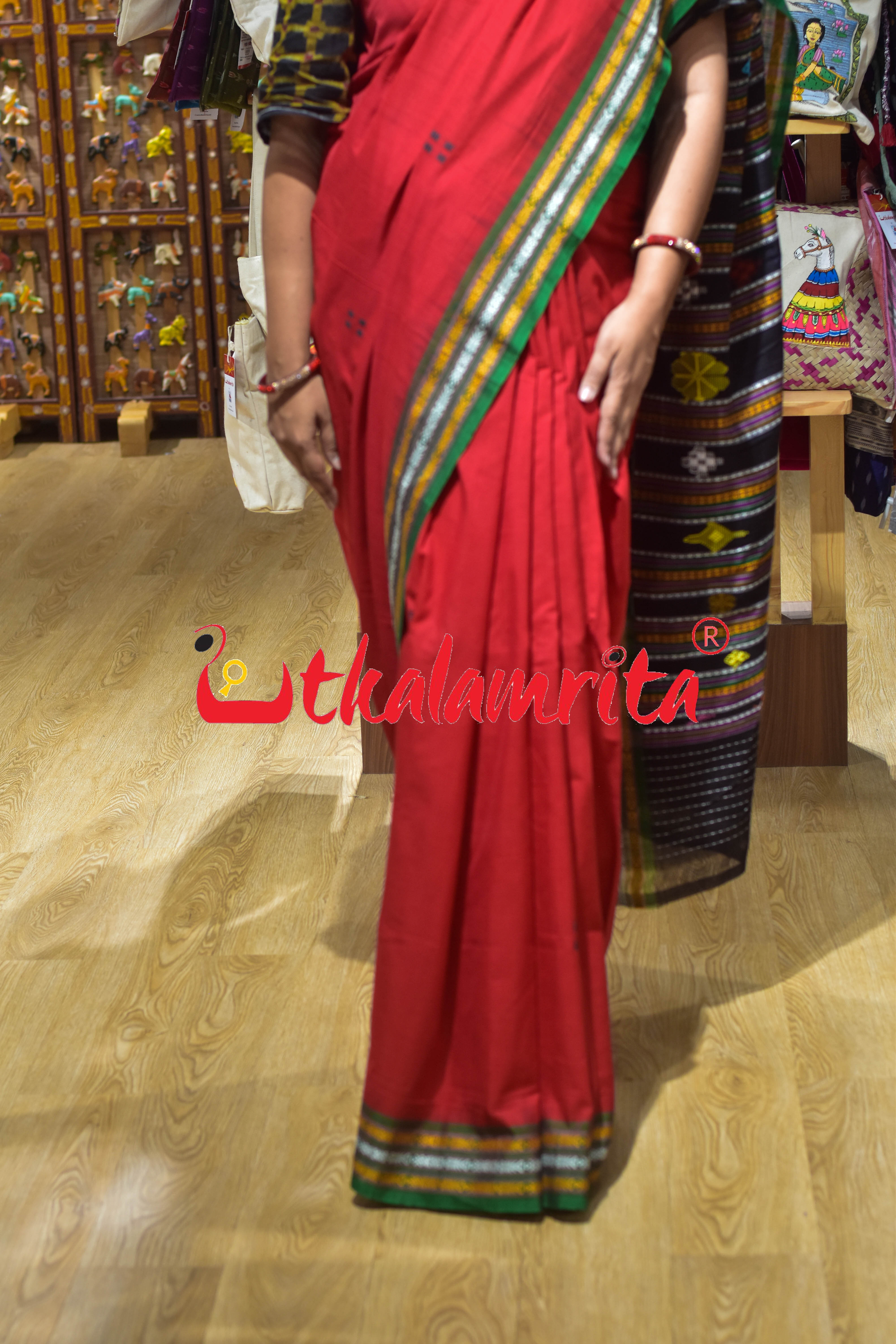 Red Green Buta Dhalapathar Cotton Saree