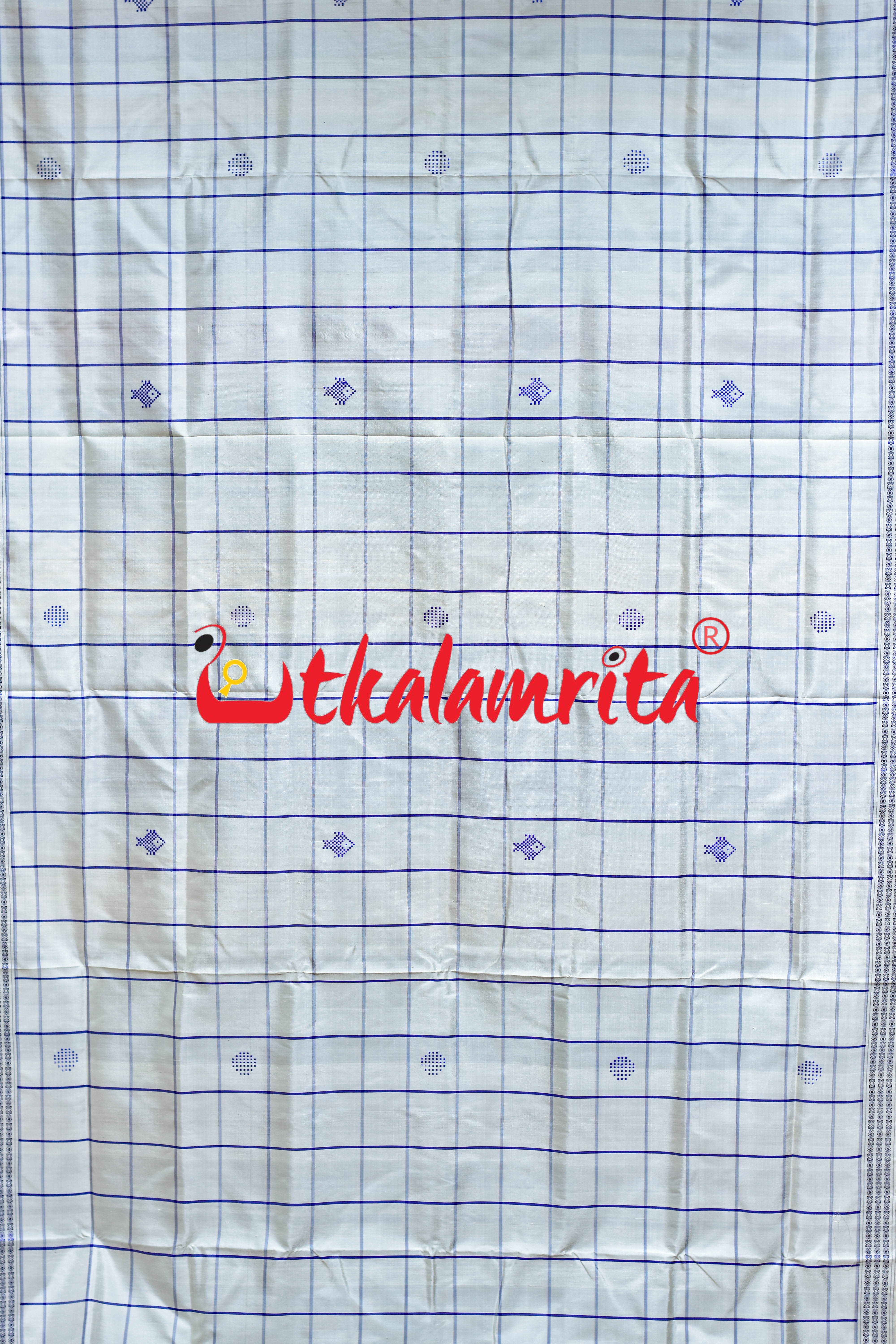 White Blue Check Fish Buti Double Anchal Berhampuri Silk Saree