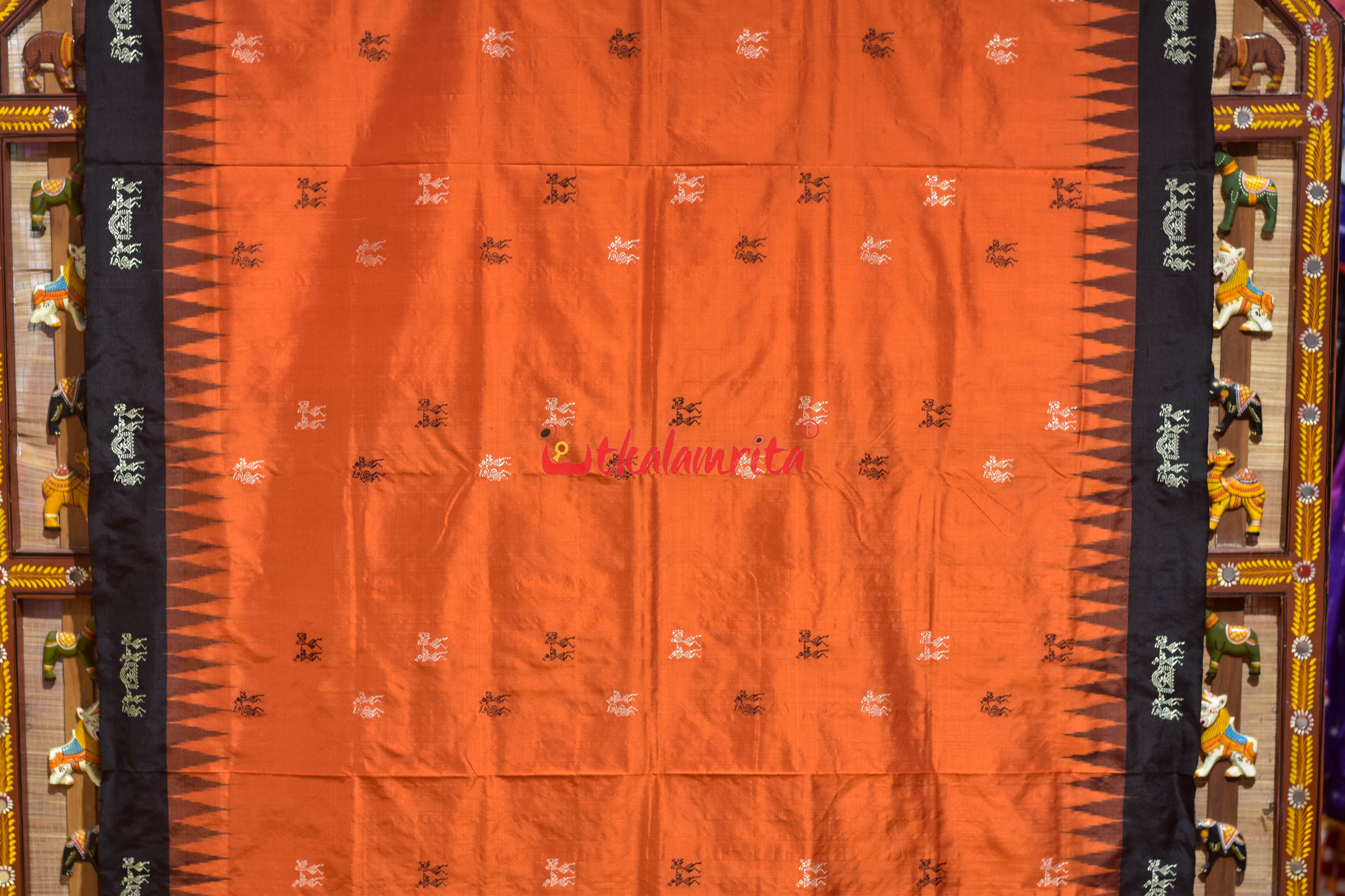 Orange Black Sabari Bomkai Silk Saree