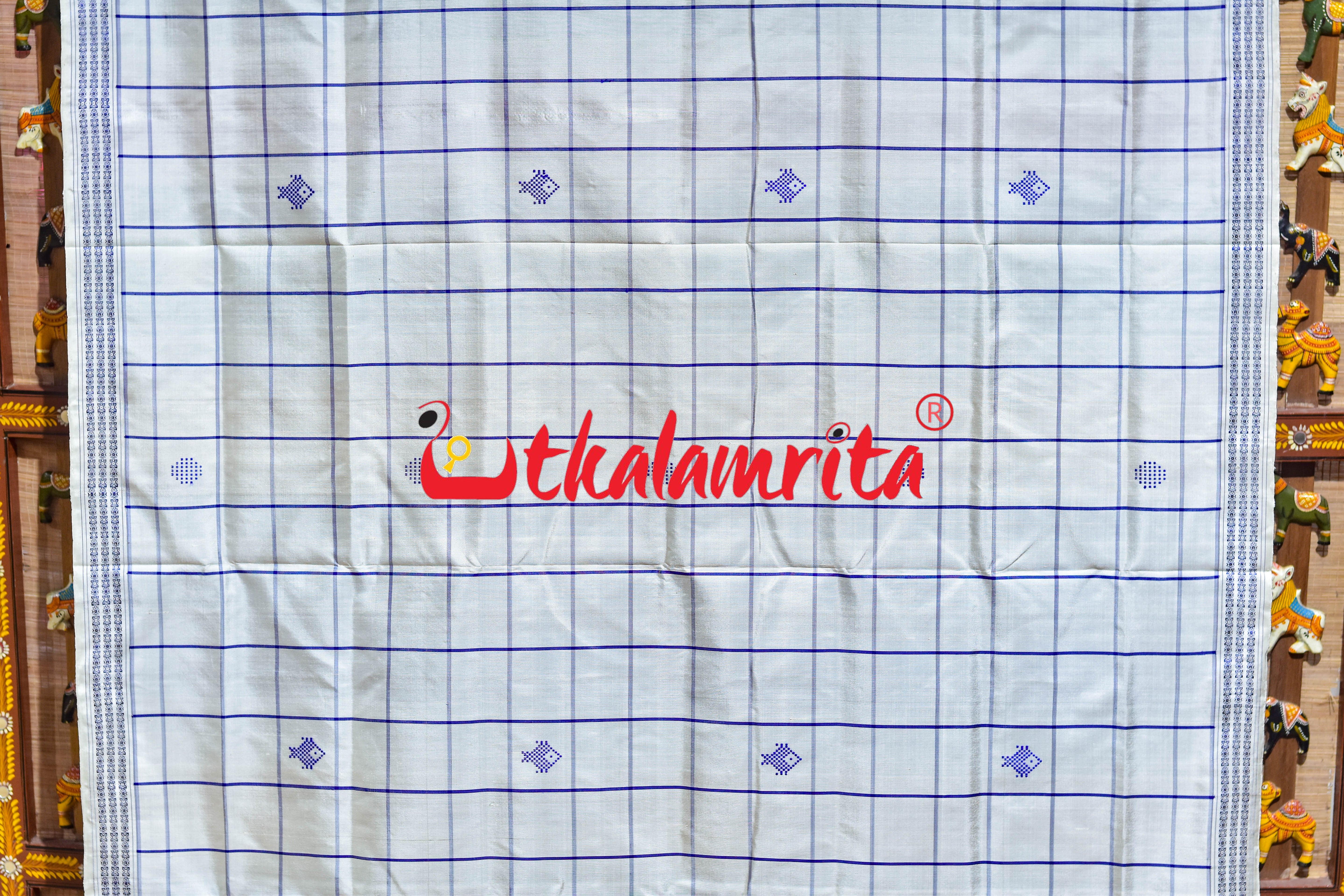 White Blue Check Fish Buti Double Anchal Berhampuri Silk Saree