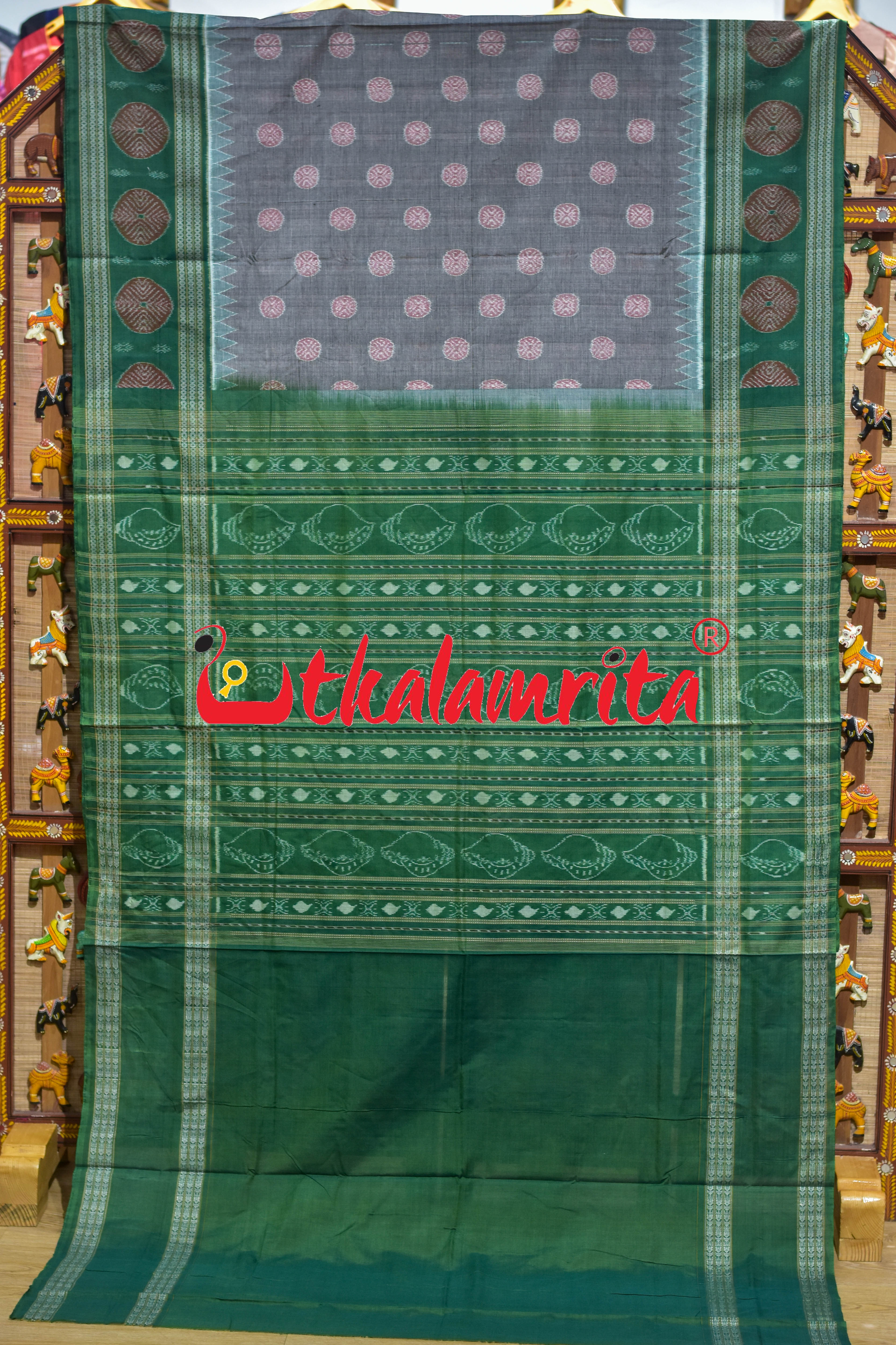 Grey Green Dhadi Chakra Sambalpuri Cotton Saree