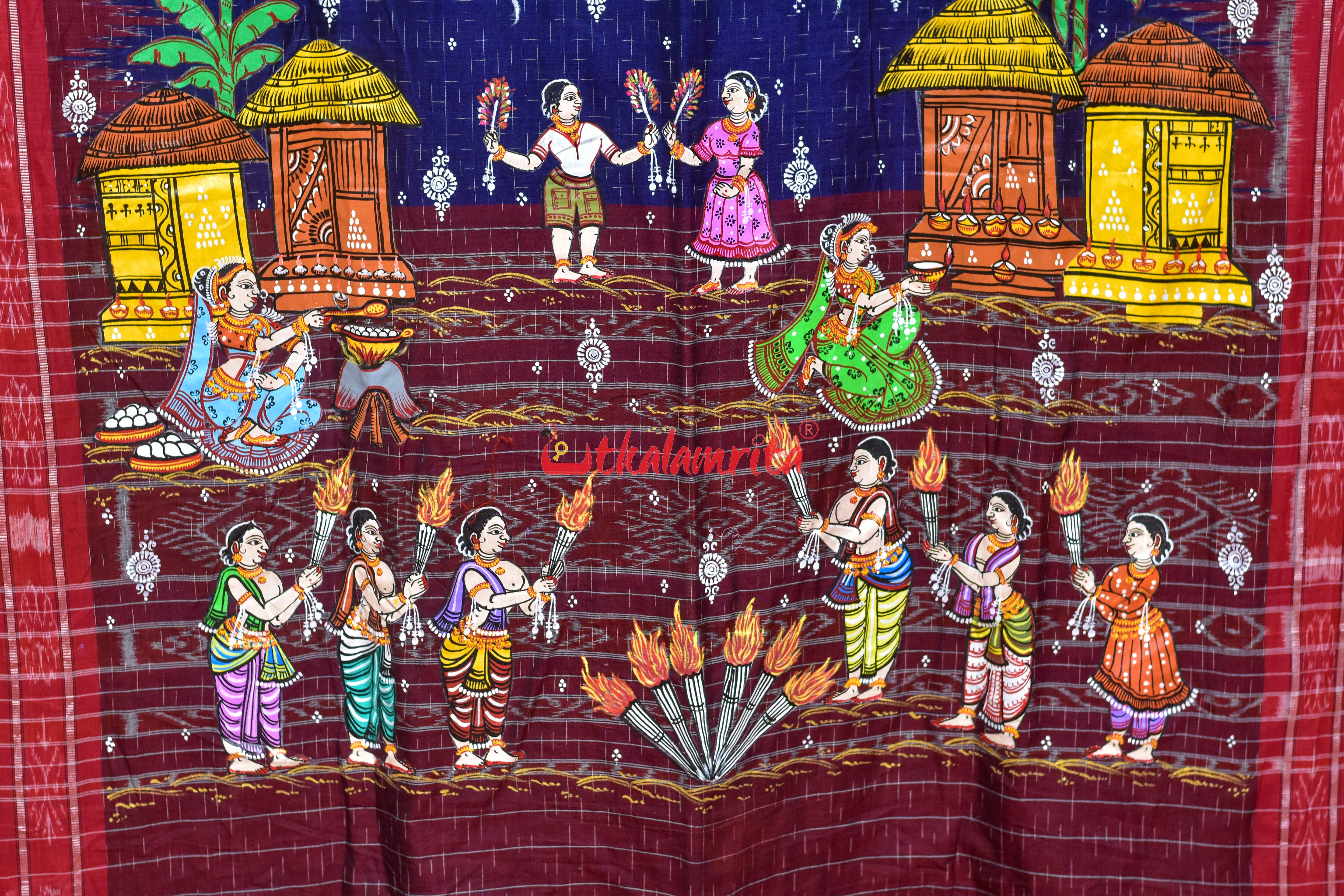 Navy Blue Jharana with Diwali Pattachitra Cotton Saree
