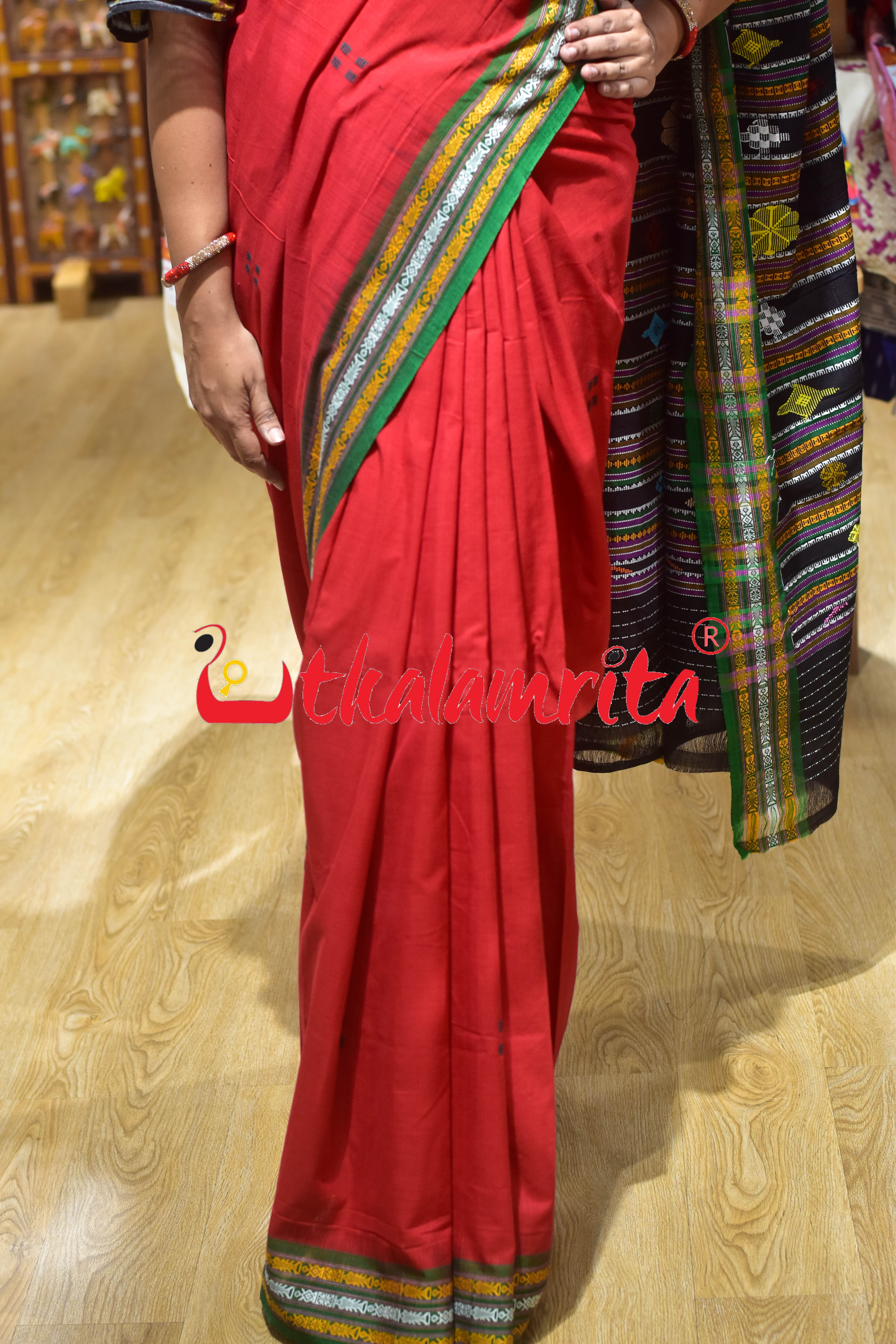 Red Green Buta Dhalapathar Cotton Saree