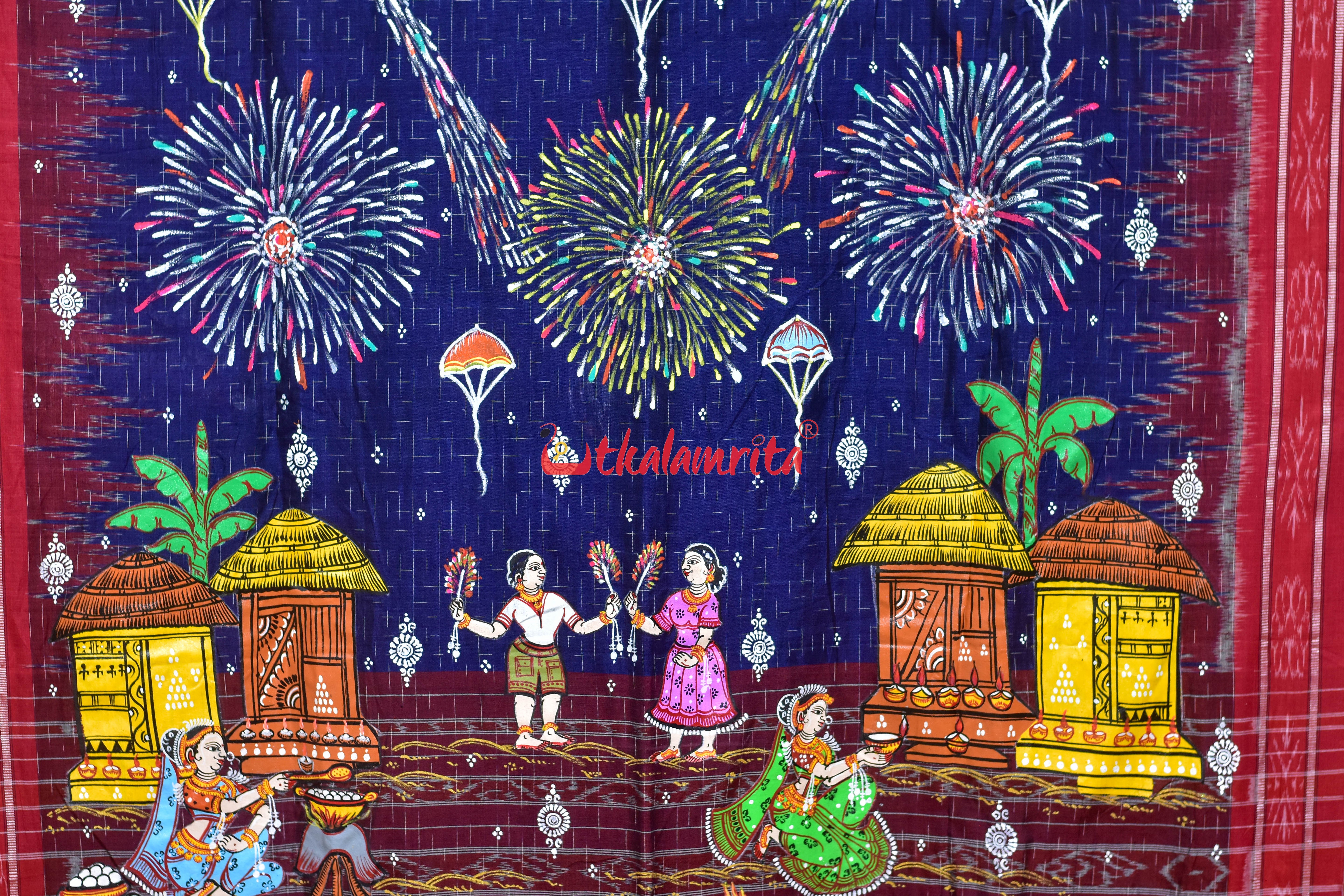 Navy Blue Jharana with Diwali Pattachitra Cotton Saree