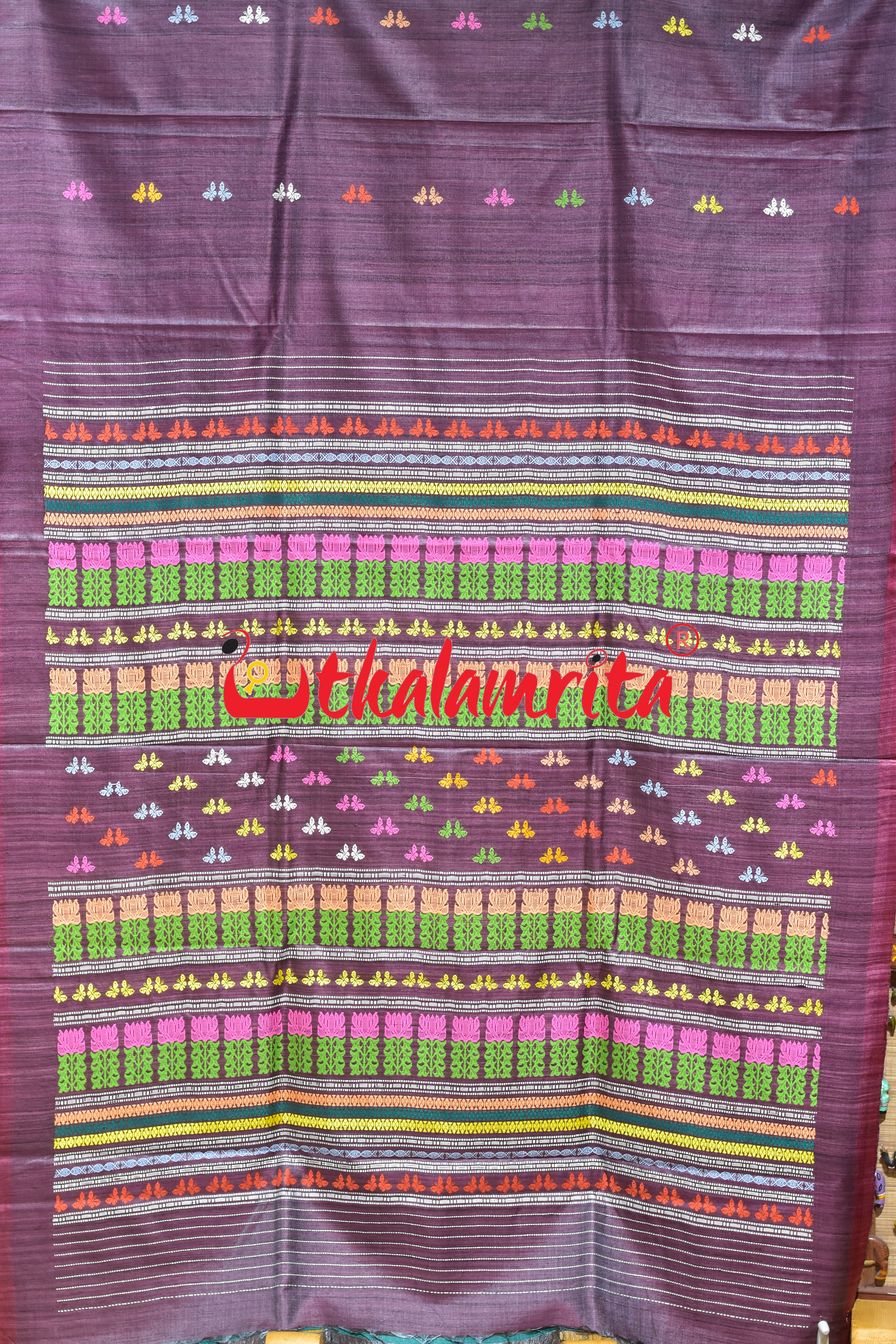 Wine Multicolor Butterfly Gopalpur Tussar Saree