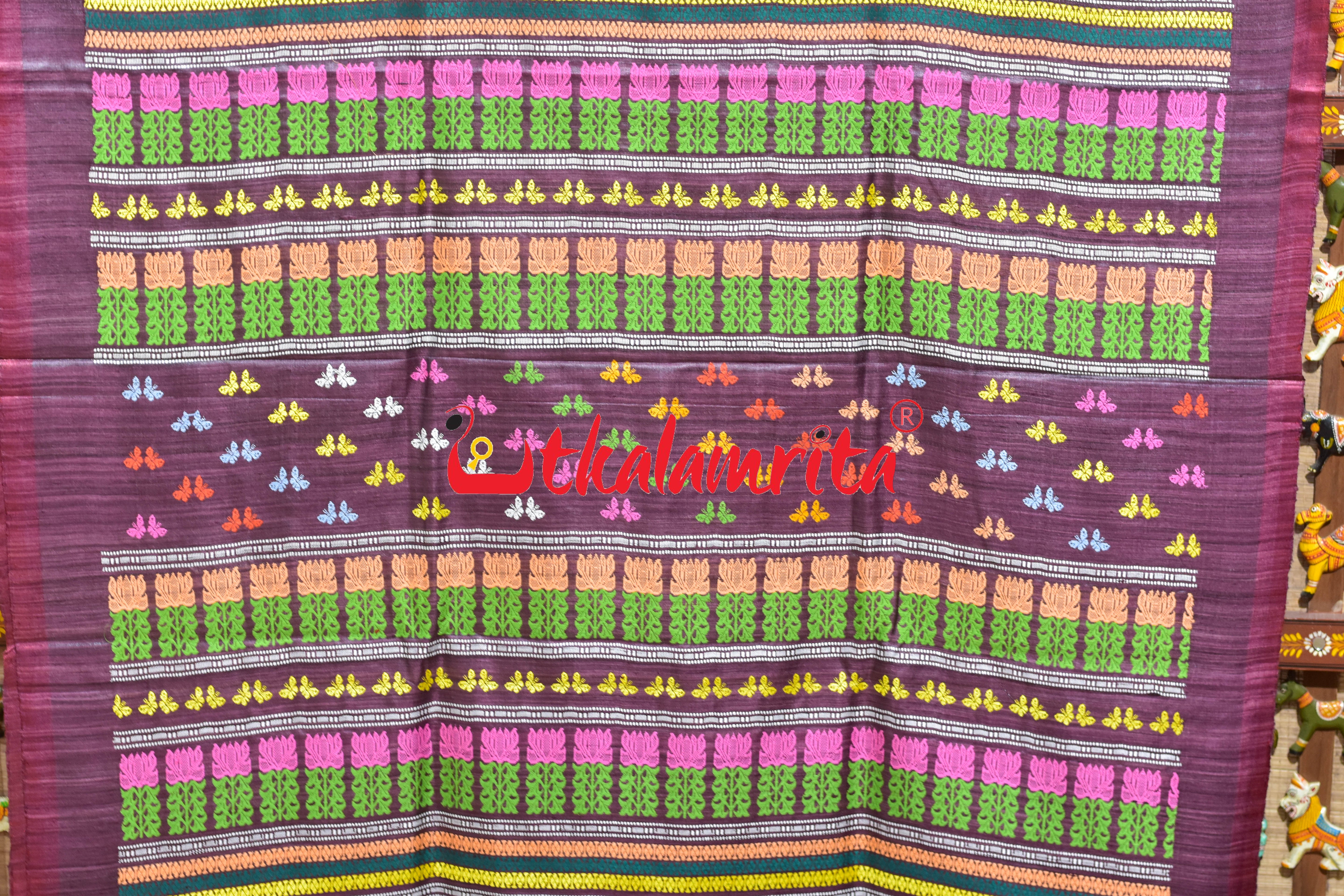 Wine Multicolor Butterfly Gopalpur Tussar Saree