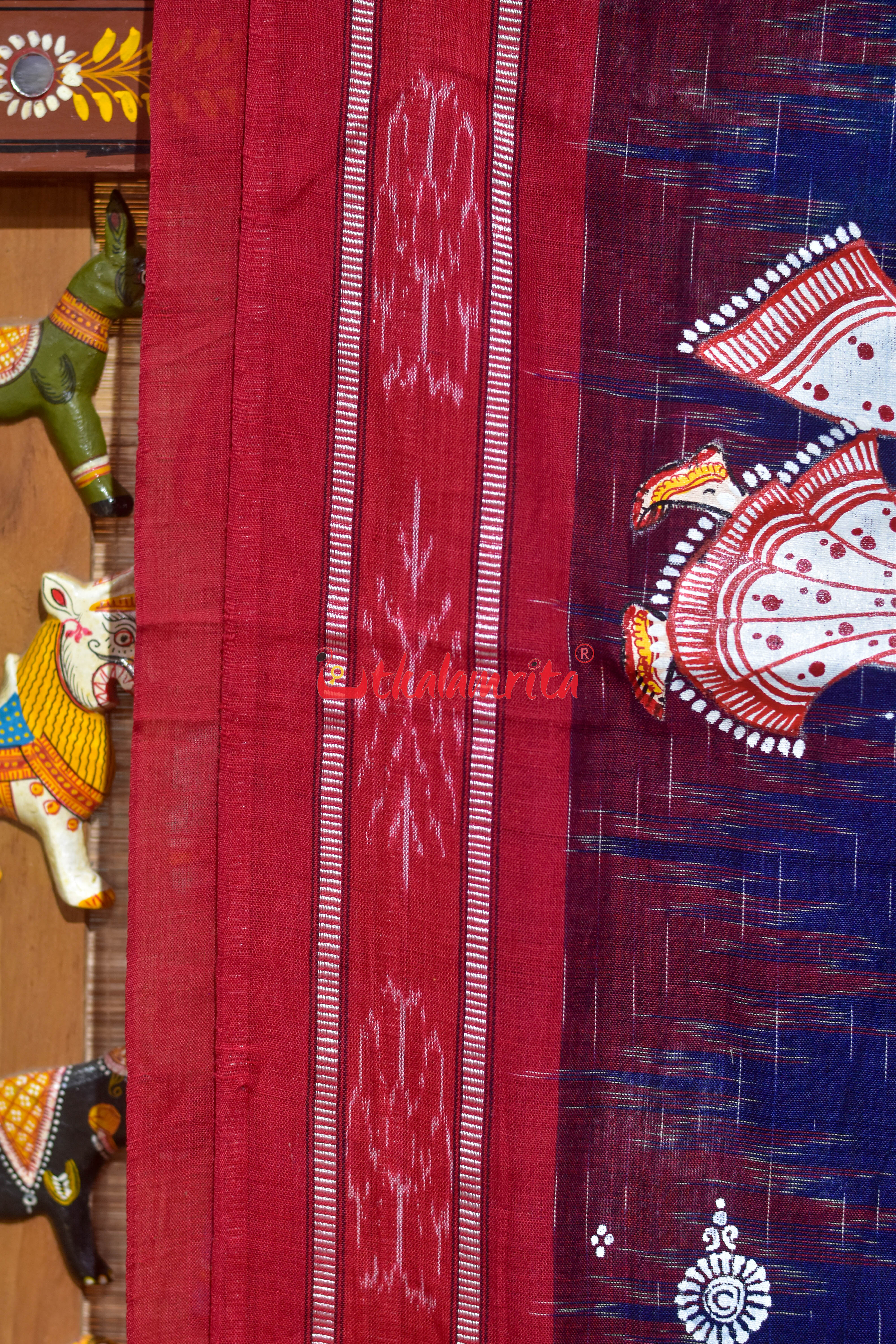 Navy Blue Jharana with Diwali Pattachitra Cotton Saree