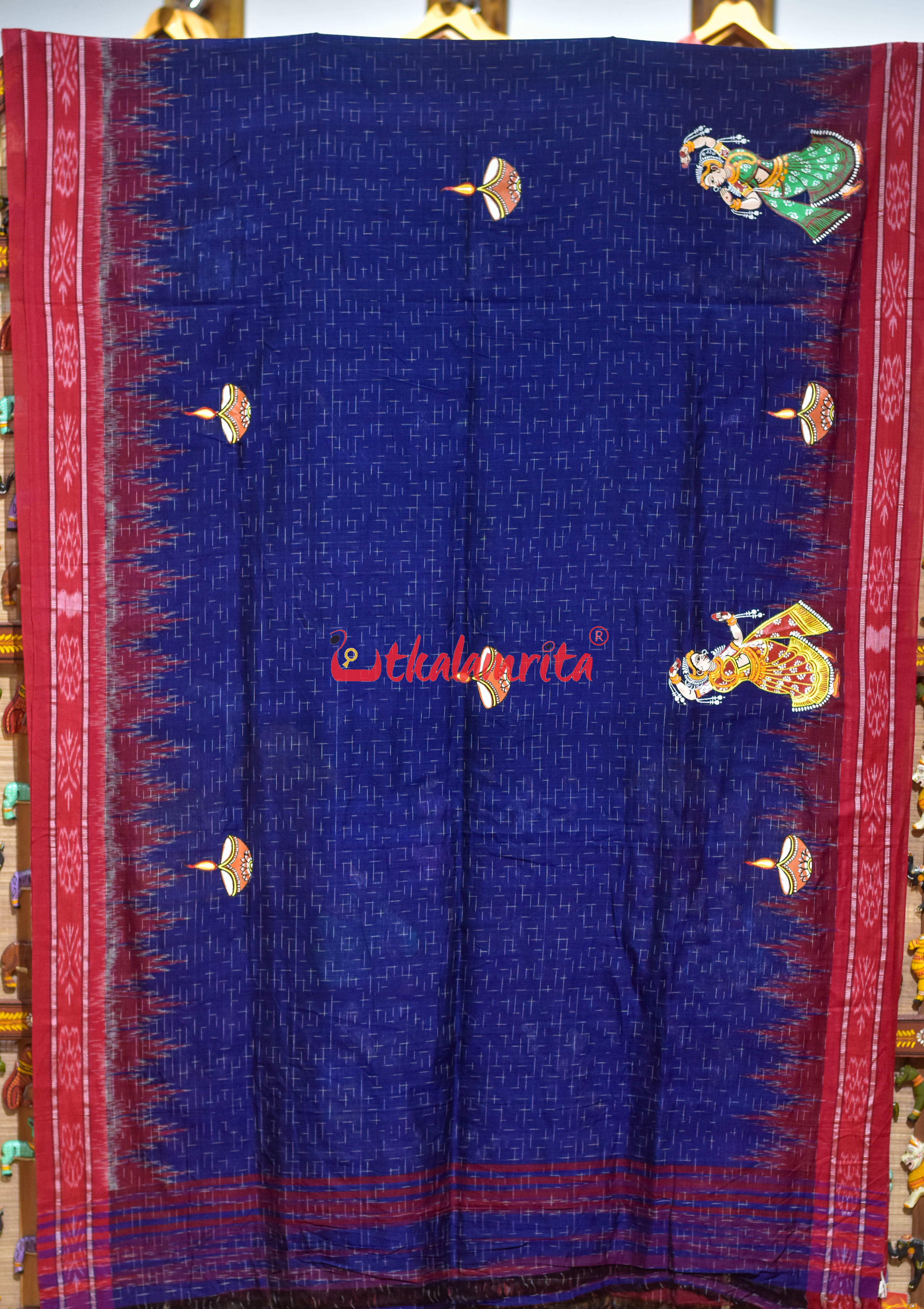 Navy Blue Jharana with Diwali Pattachitra Cotton Saree