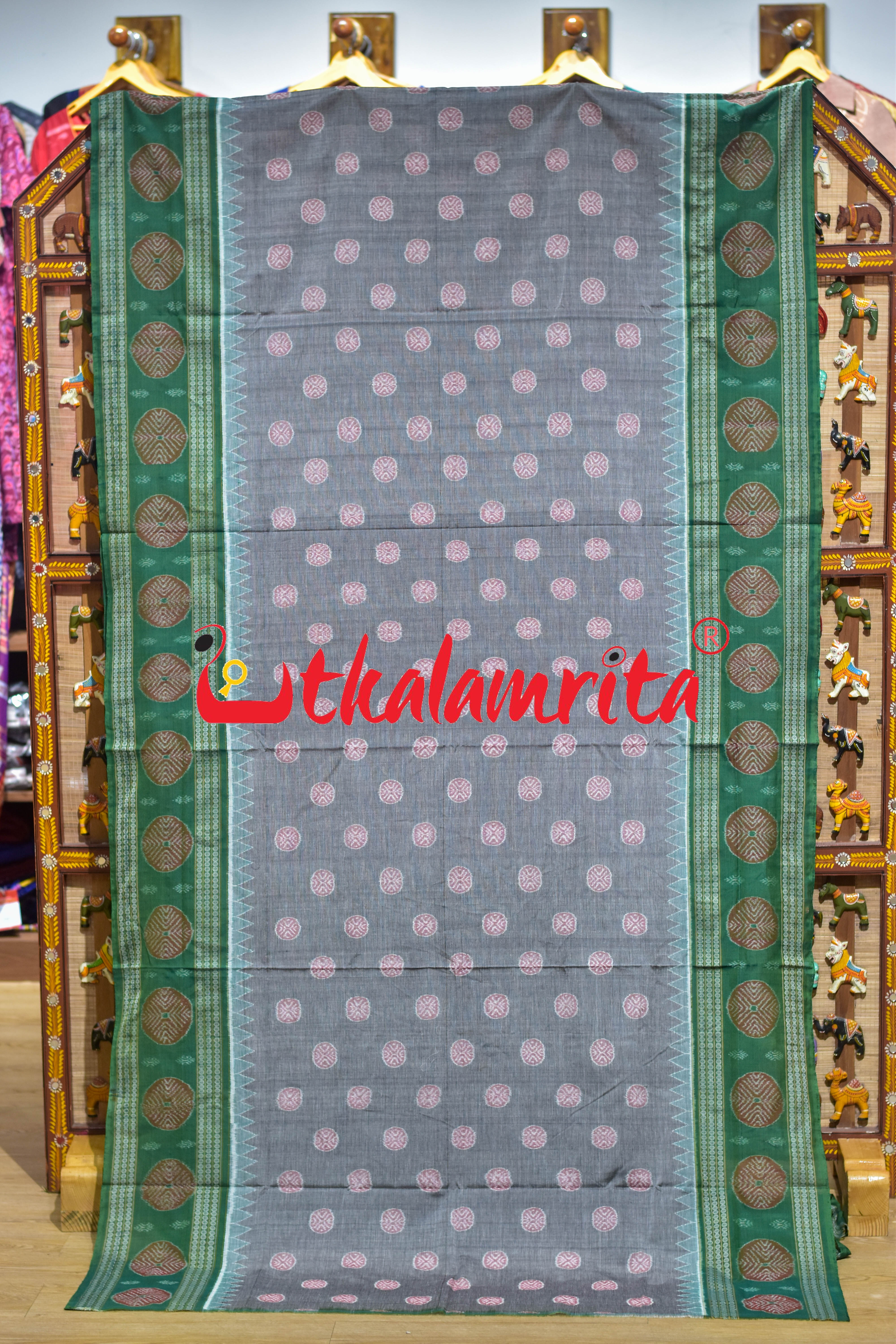 Grey Green Dhadi Chakra Sambalpuri Cotton Saree